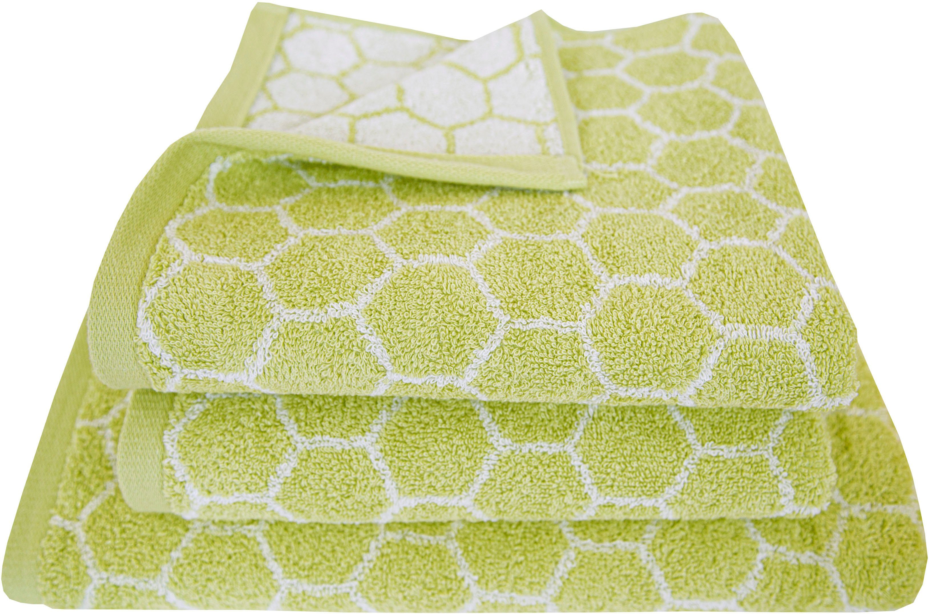 Dyckhoff Handdoekenset Pure Natural Honey 2 handdoeken (50x100 cm), 1 douchehanddoek (70x140 cm) (set, 3-delig) handdoeken groen