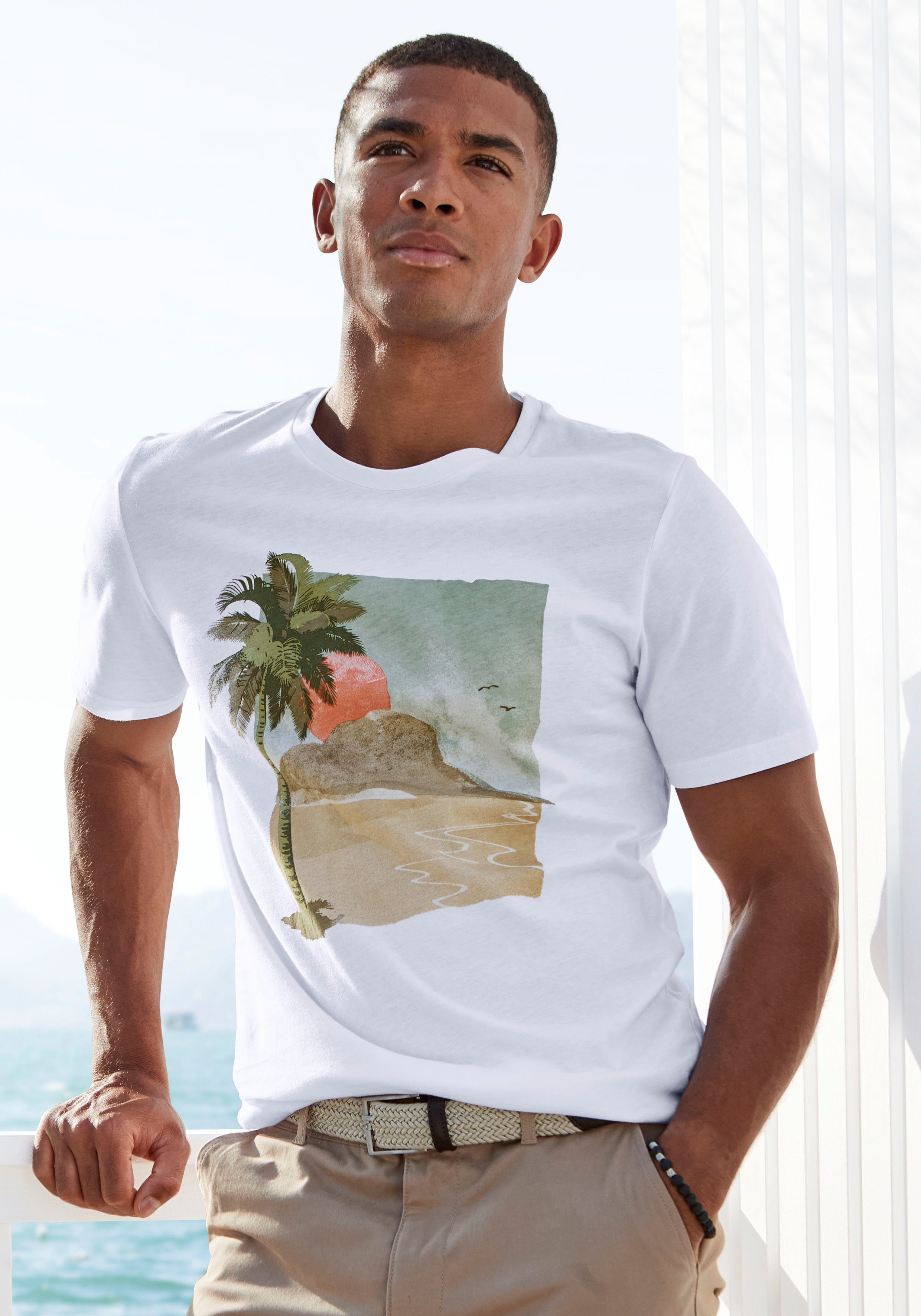 Beachtime T-shirt Vrijetijdsshirt met ronde hals en frontprint van 100% katoen (set, 2-delig)