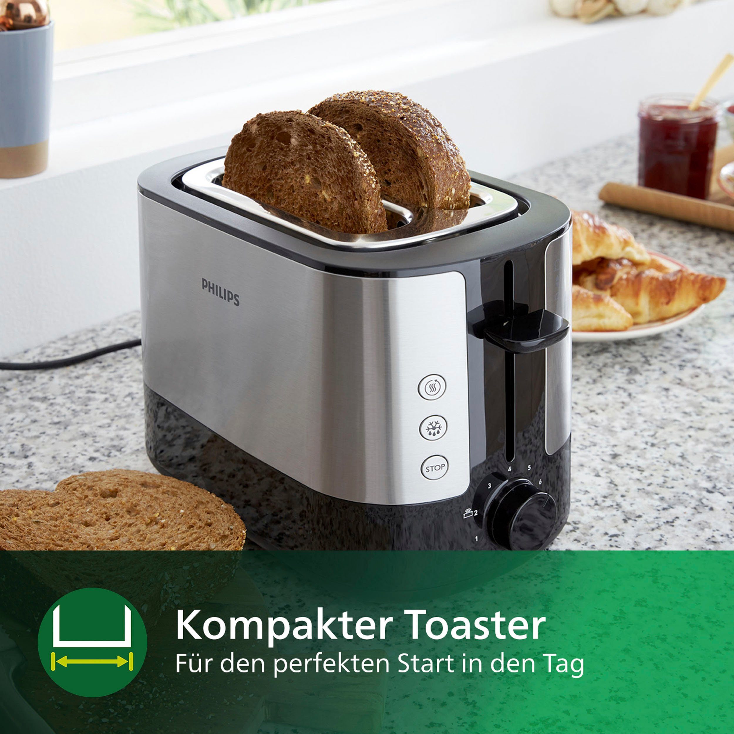 Philips Toaster HD2637/90 Viva Collection Broodrooster, kruimellade, 7 bruiningsniveaus, zilver