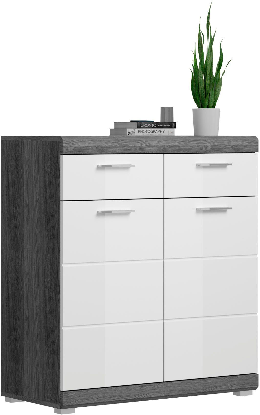 INOSIGN Schoenenkast Siena, Breedte 90 cm, 2 Deuren, 2 Planken, 3 Vakken, 2 Lades Front-groeffreesing, schoenenkommode, commode, buffetkast, sideboard