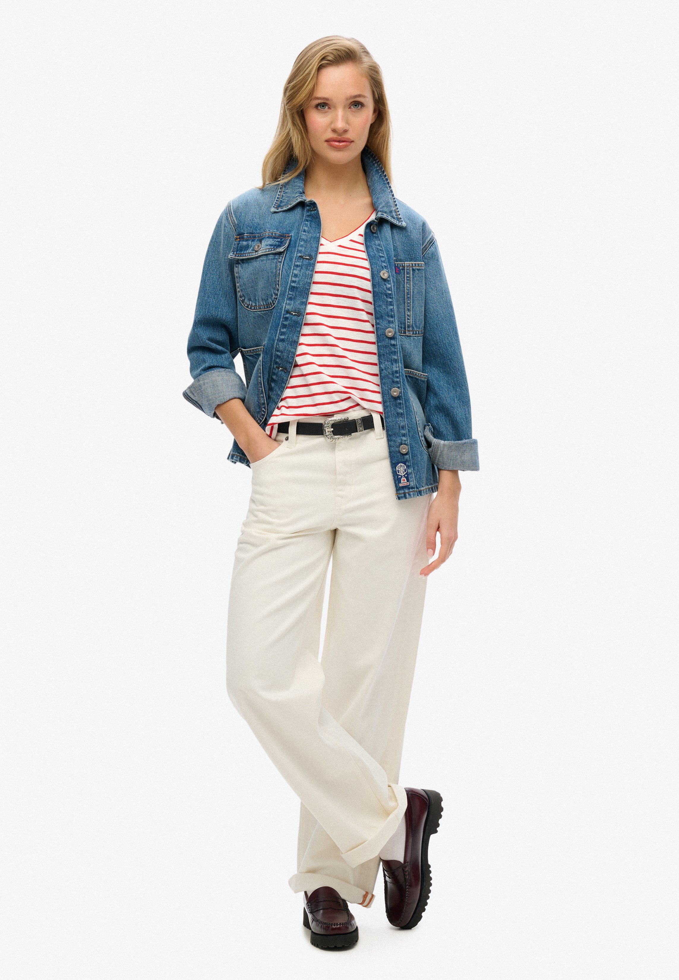 Superdry Shirt met V-hals STUDIOS SLUB EMB VEE TEE gestructureerd t-shirt met v-hals en borduursel