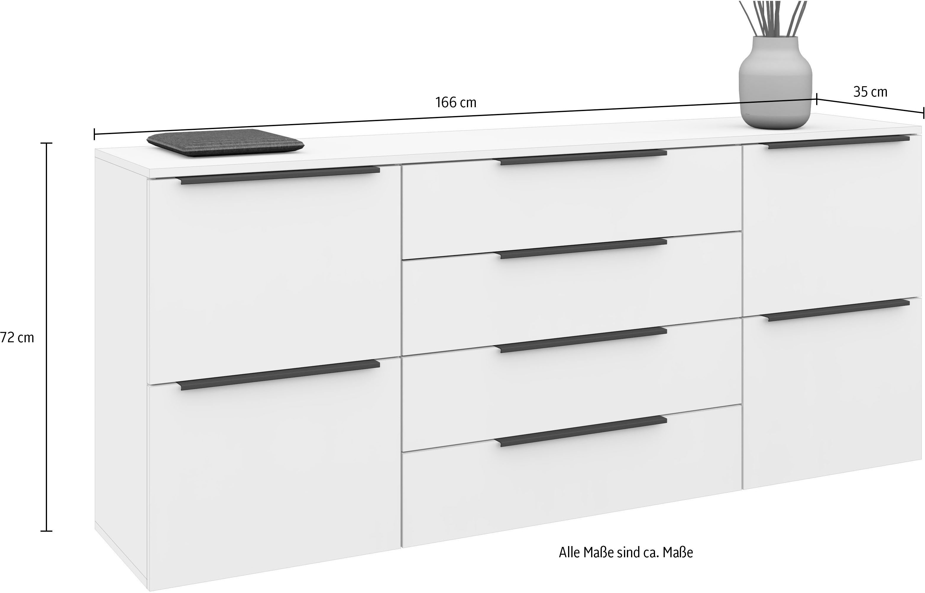 borchardt Möbel Dressoir Tom Breedte 166 cm, verstelbare legplanken, gelakte alu-profielgrepen