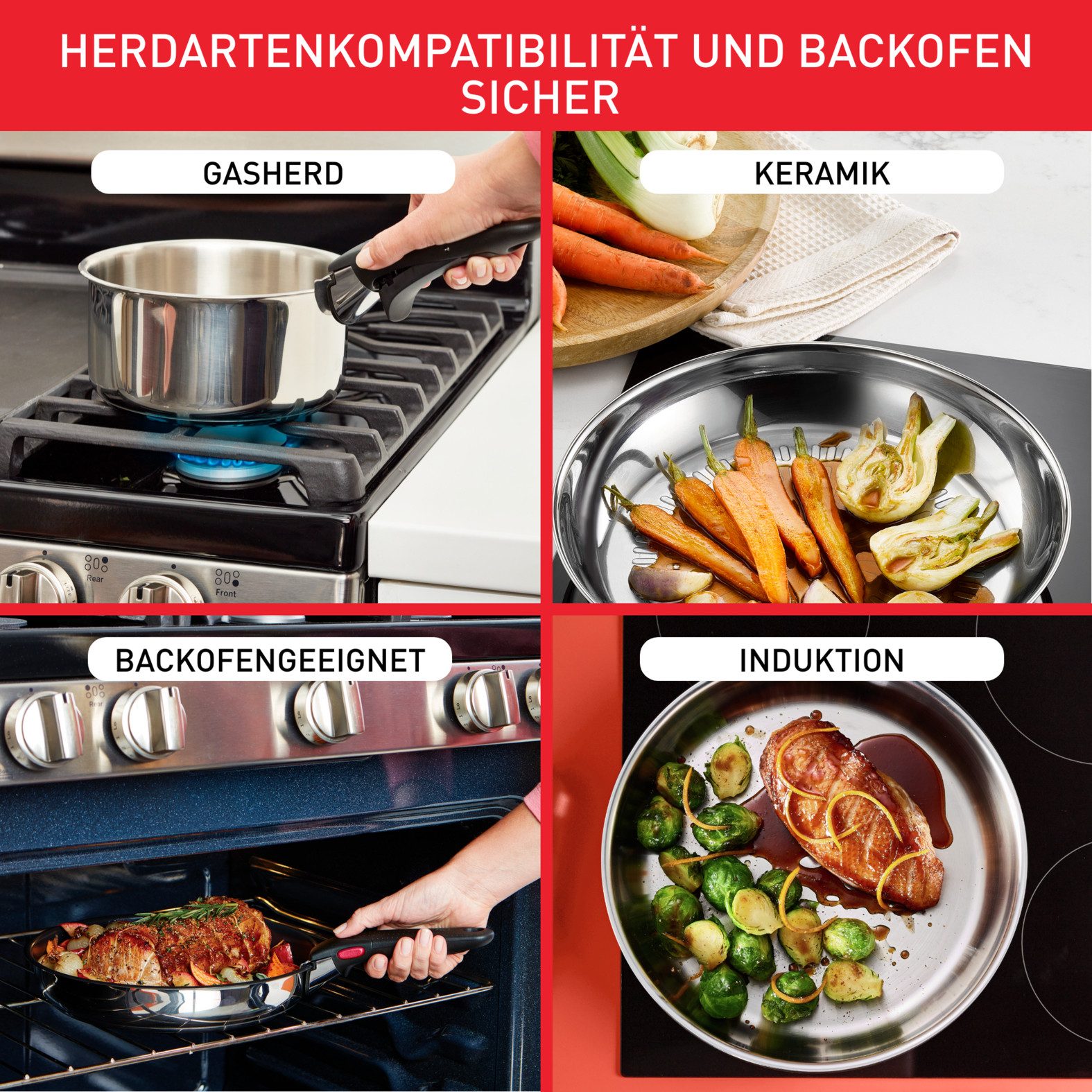 Tefal Pannenset L898S4 Ingenio Preference, kookpan set inductie, stapelbaar, ruimtebesparend (set, 4-delig)