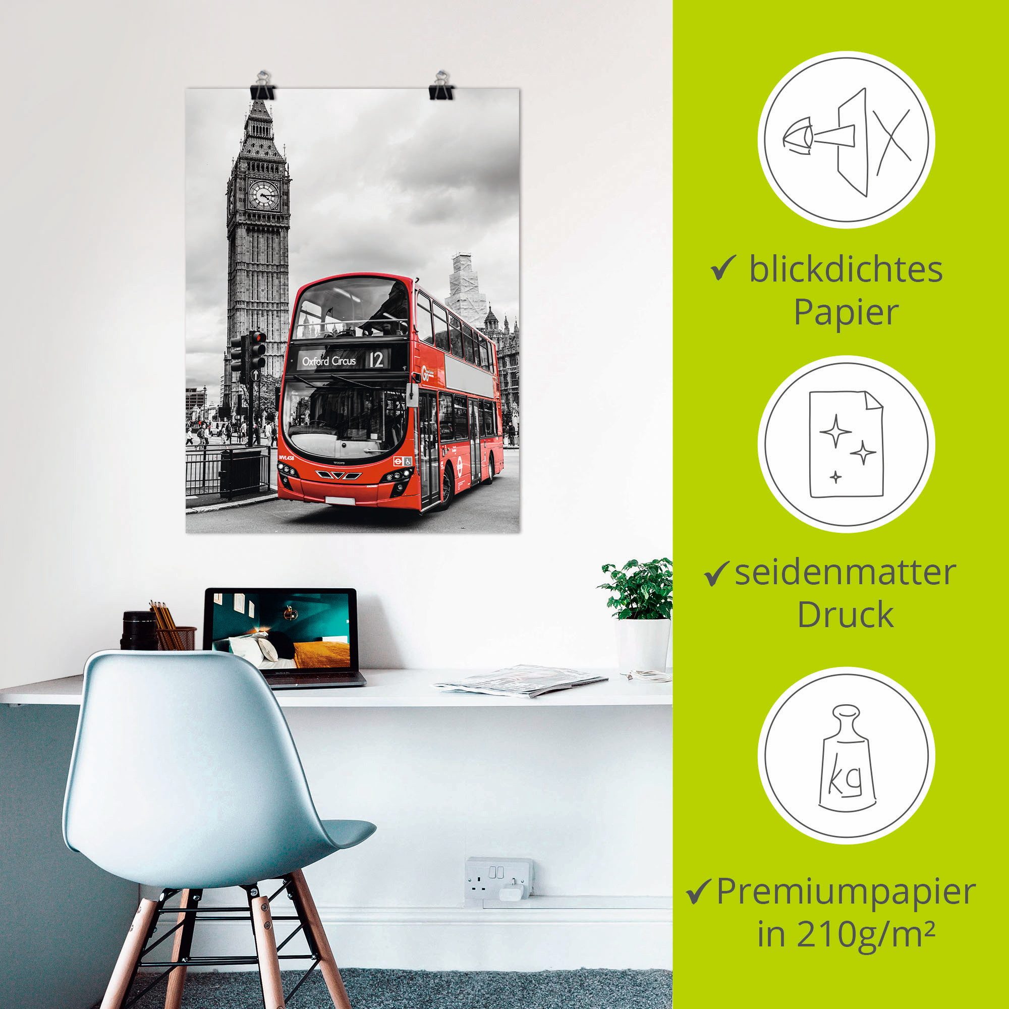 Artland Artprint Londen Bus en Big Ben als artprint op linnen, poster in verschillende formaten maten