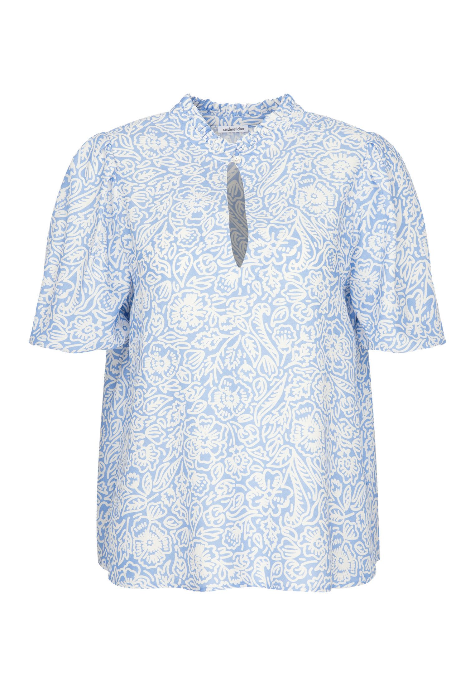 seidensticker Shirtblouse Zwarte roos Korte mouwen ronde hals in bloemmotief