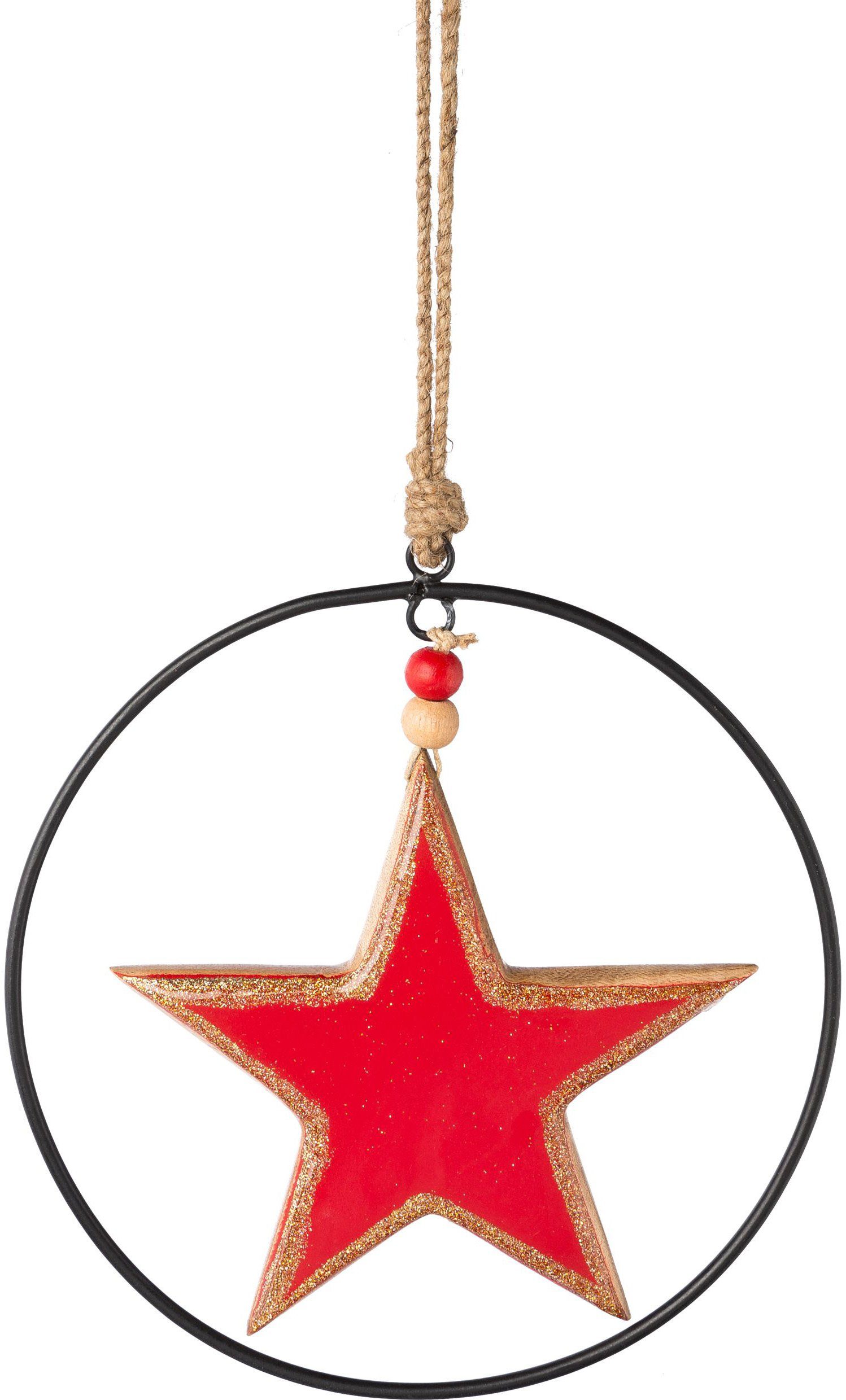 Creativ deco Sierster Kerstster, kerstversiering rood met emaille-lak en metalen ring, diameter ster 15 cm (3 stuks)