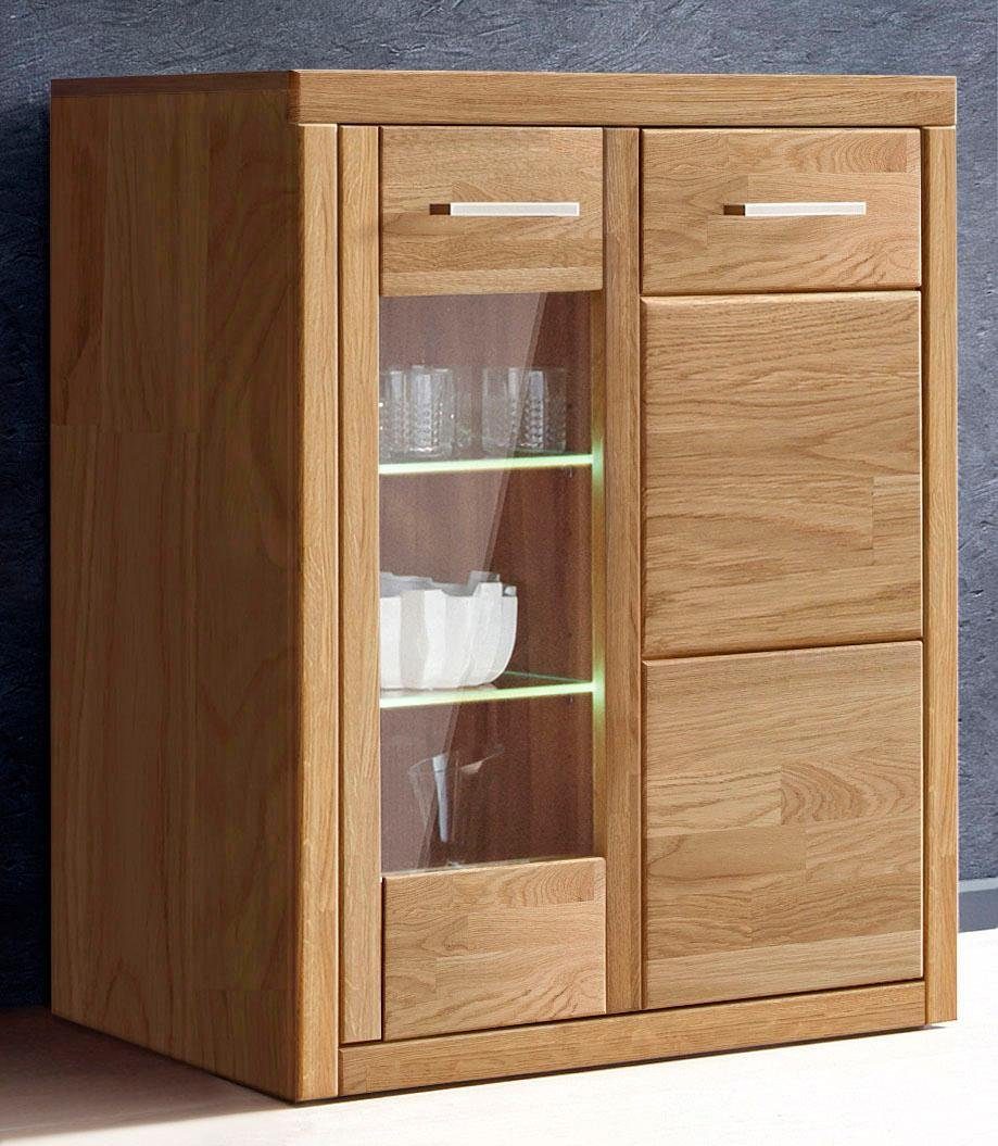 Home affaire Vitrinekast Logo, 100cm hoog, 42 cm diep, fronten massief hout, 6 vakken, variabele bodems vitrinekasten beige