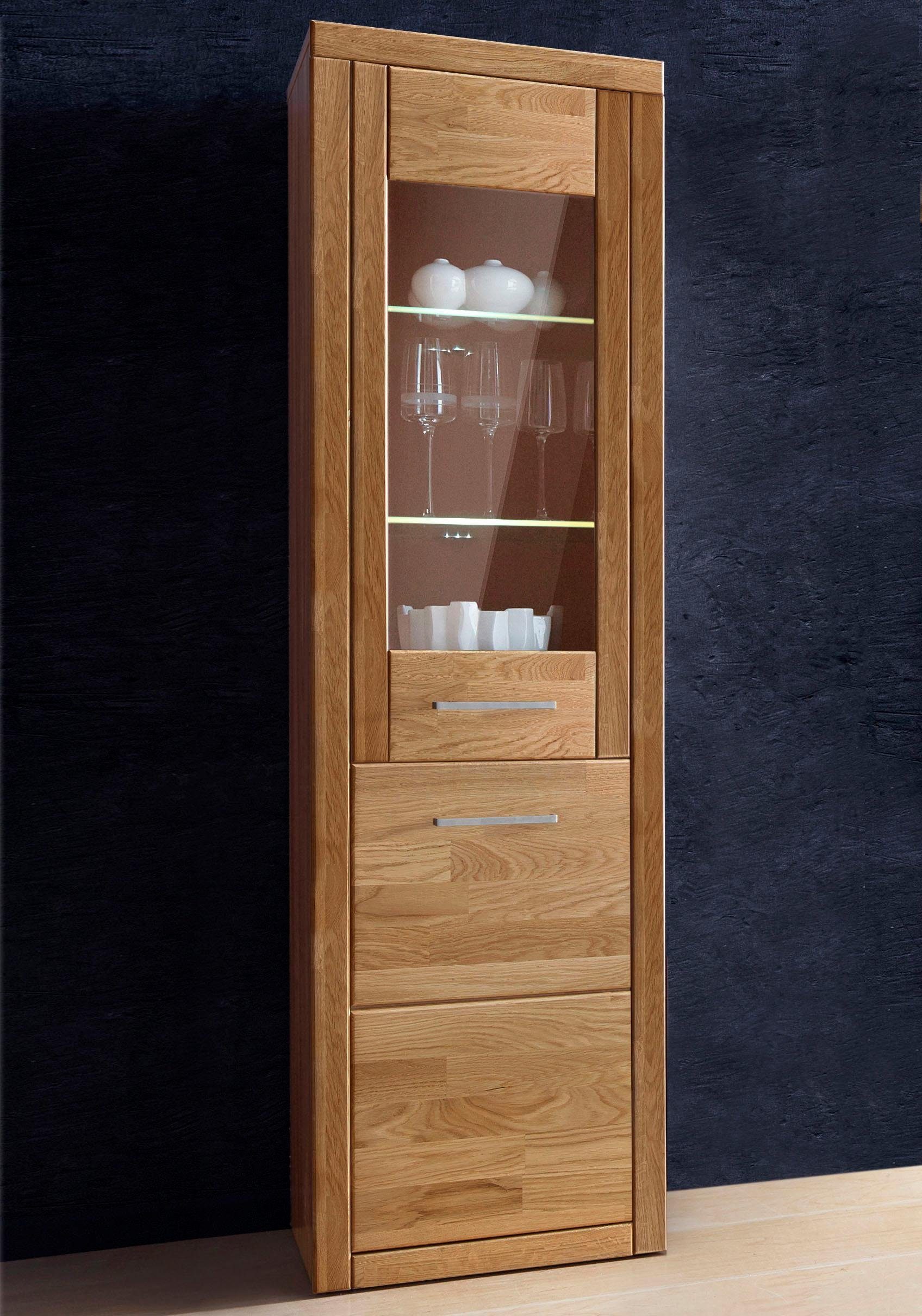 Home affaire Vitrinekast Logo, 180cm hoog, 42 cm diep, fronten massief hout, 5 vakken, variabele bodems vitrinekasten beige