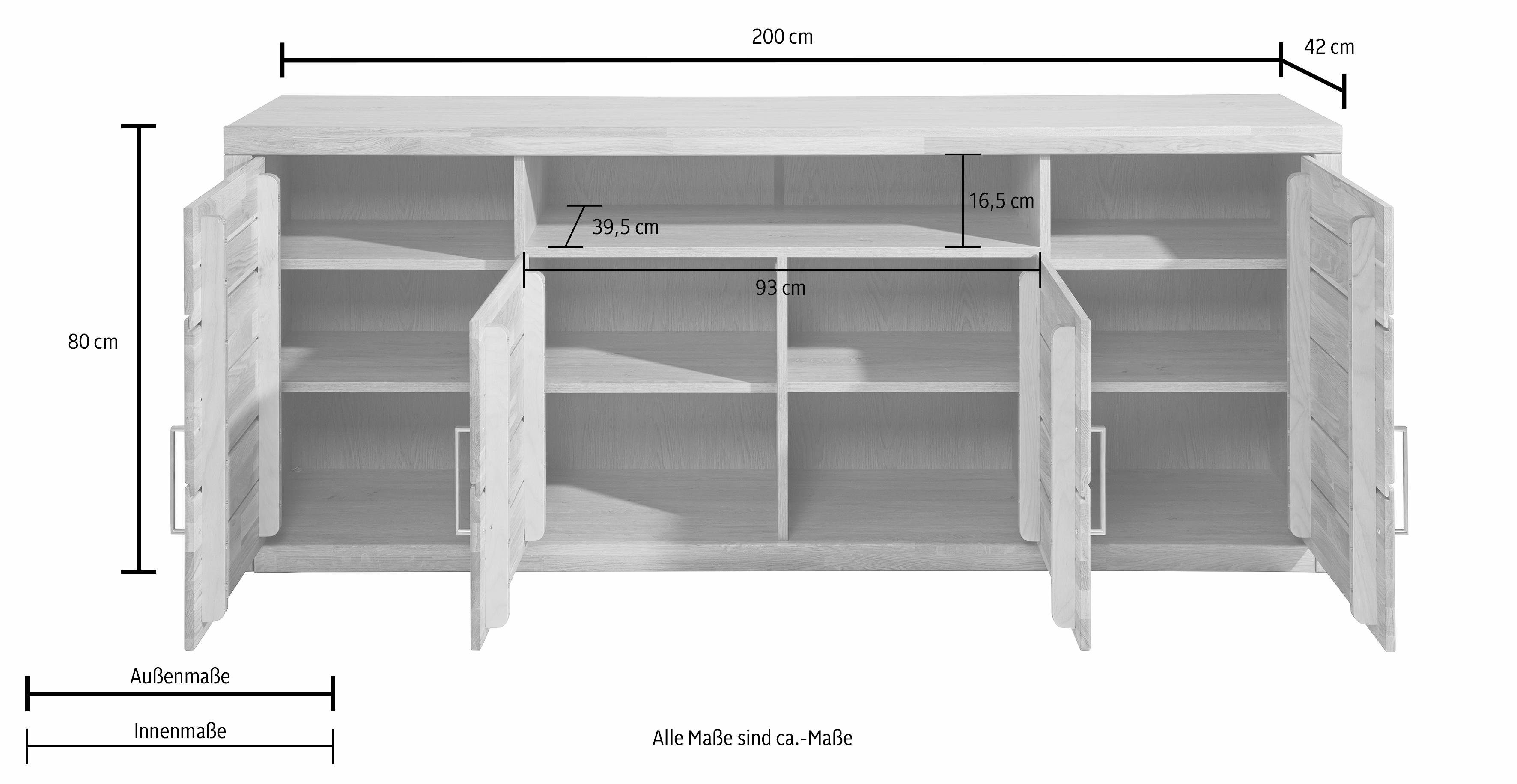 Home affaire Dressoir Logo, 200cm breed, 42 cm diep, fronten massief hout, 11 vakken Kernbeukenhout massief, houtmateriaal, 4 deuren, 11 vakken, verstelbare planken