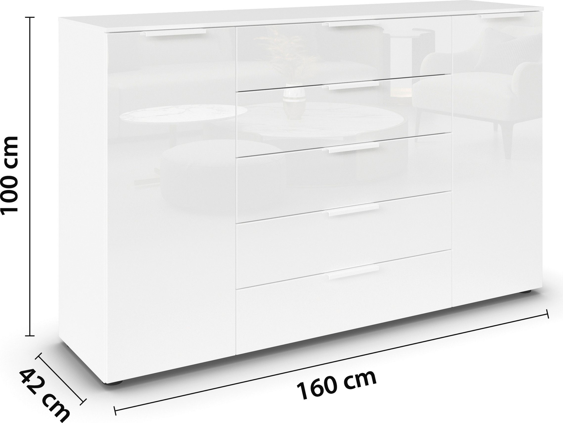 rauch Ladekast Commode deurkast sideboard combikast FLIPP met glasfront 2-deurs met 5 lades en soft-close, 2 breedtes made in germany