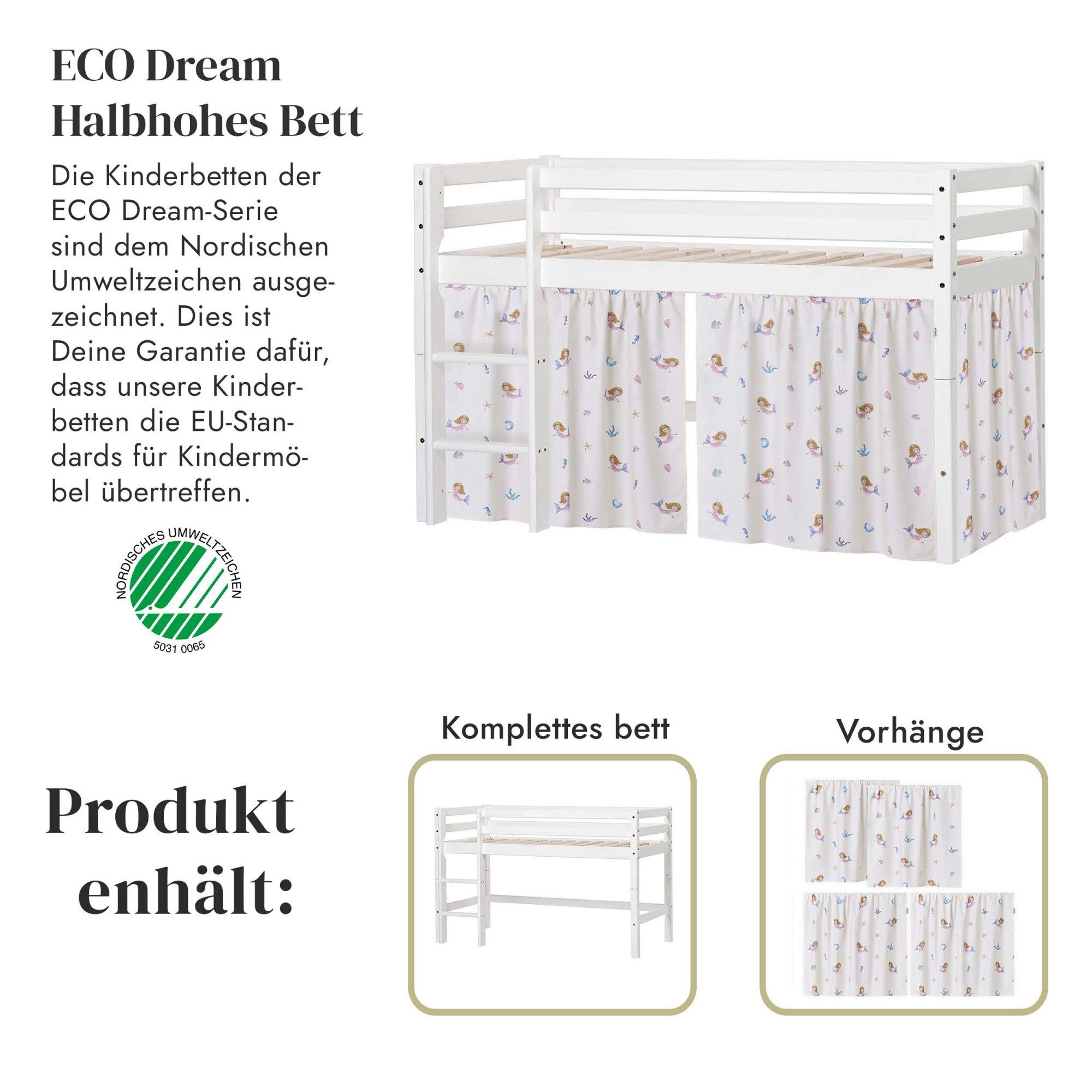 Hoppekids Speelgoed Eco Dream Massief houten bed met zeemeermingordijn met oprolbare lattenbodem, in 2 maten beschikbaar