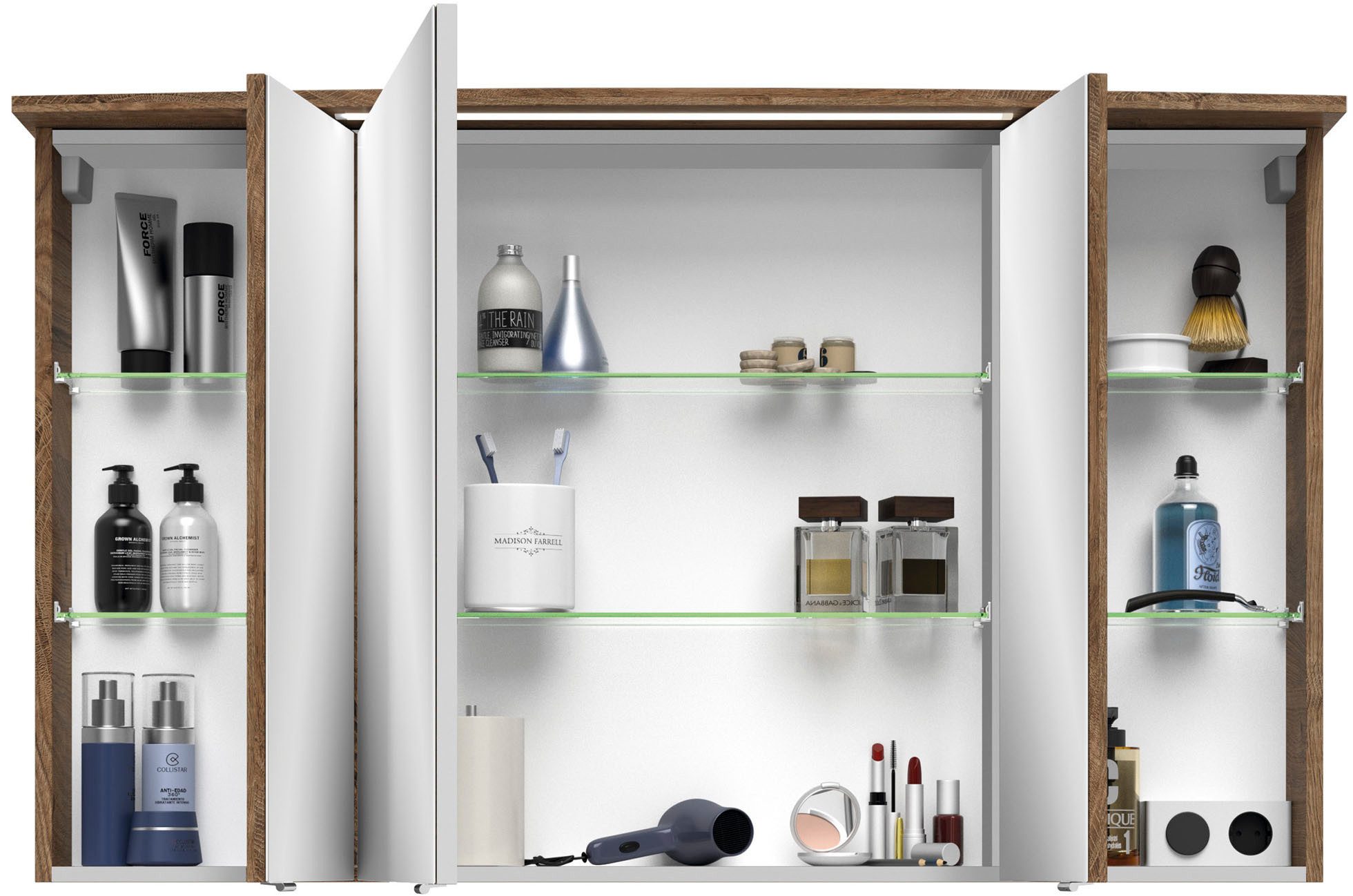 Saphir Badkamerspiegelkast Serie 4010 badkamer spiegelkast incl. LED-verlichting in krans Badkast 122 cm breed, 3 deuren, 6 glazen legplanken, incl. deurdemper