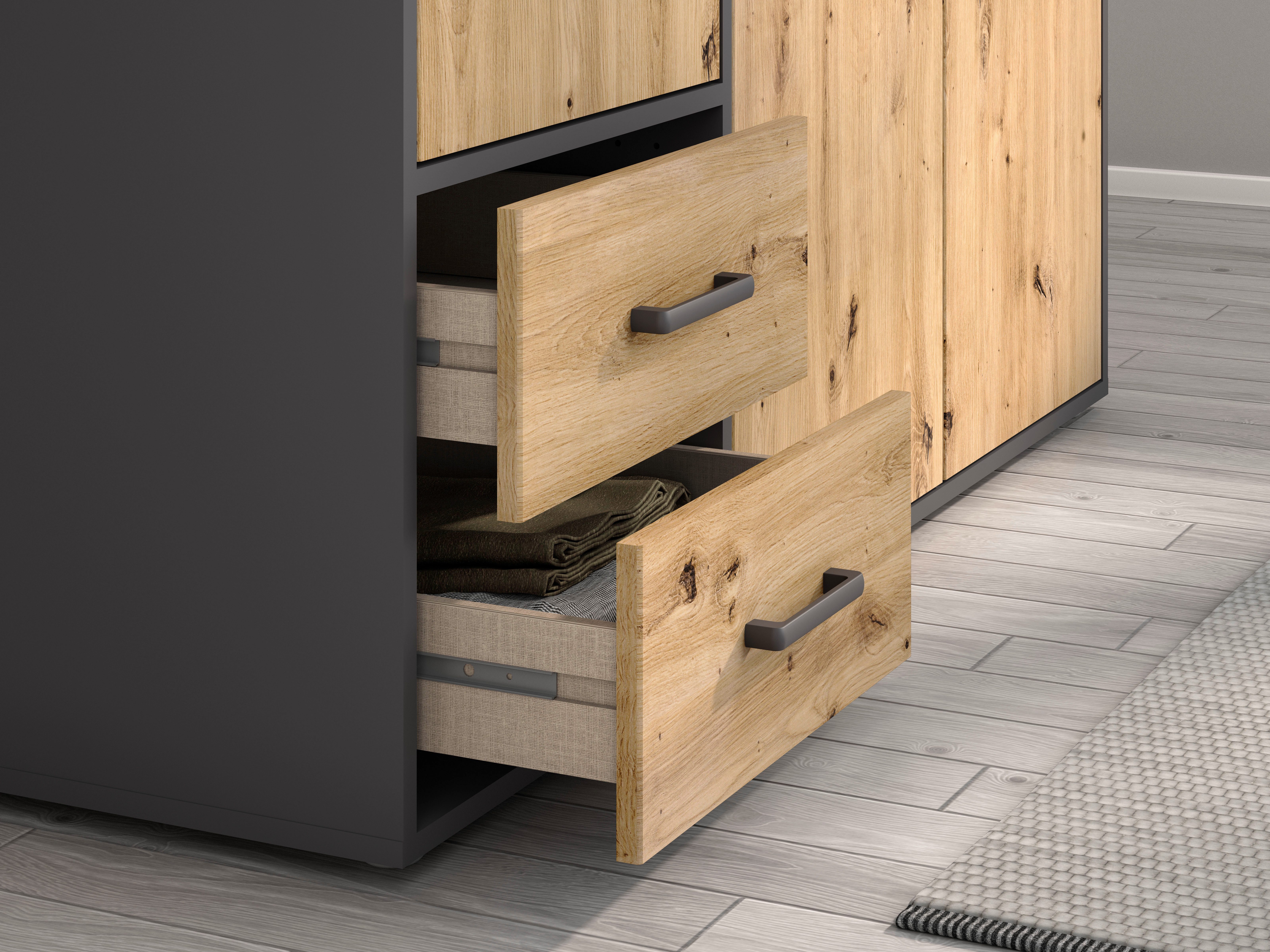 rauch Draaideurkast Kledingkast kast garderobe linnenkast VOYAGER moderne grepen in grijs metallic met buitenlades made in germany