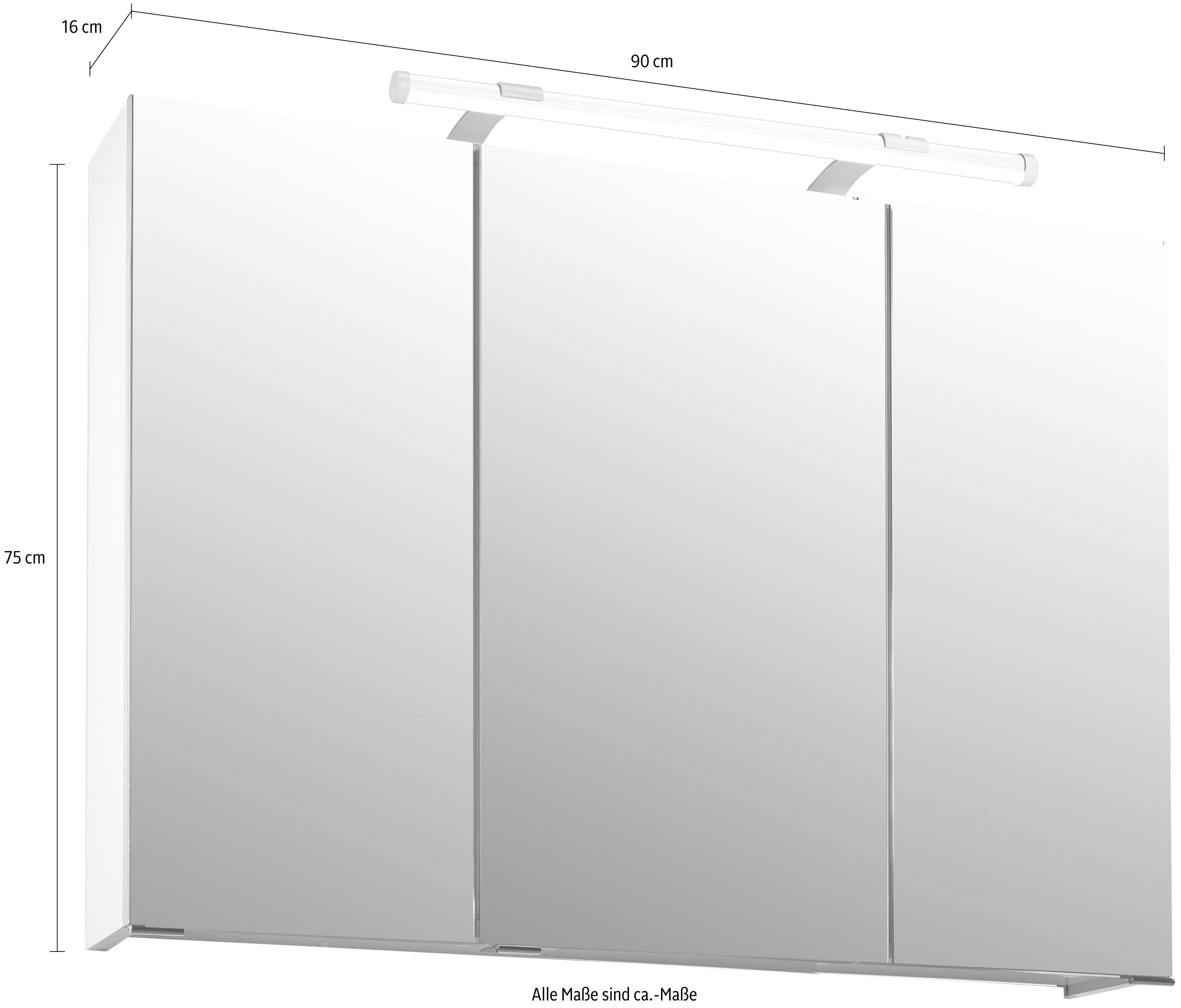 Schildmeyer Spiegelkast Dorina, met in hoogte verstelbare glazen planken Breedte 90 cm, 3-deurs, ledverlichting, schakelaar-/stekkerdoos