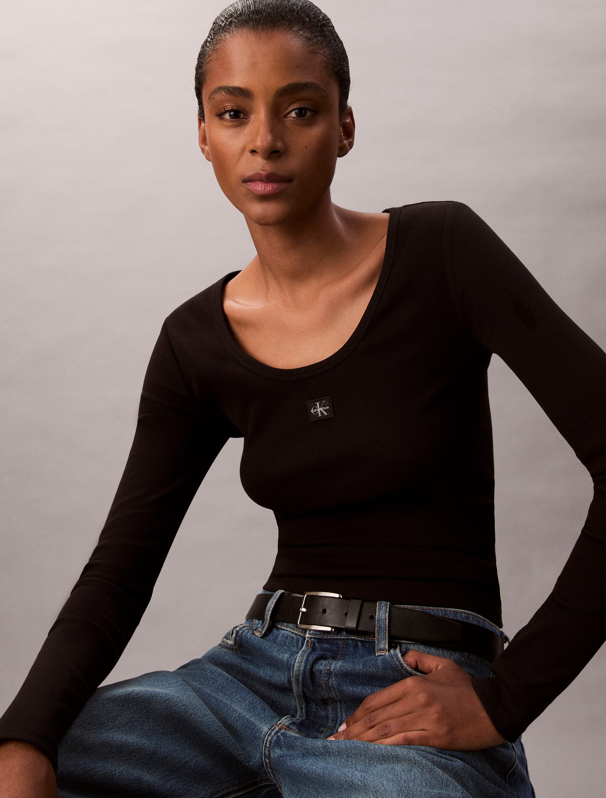 Calvin Klein Shirt met lange mouwen LS WOVEN LABEL 2X2 RIB SCOOP NEC