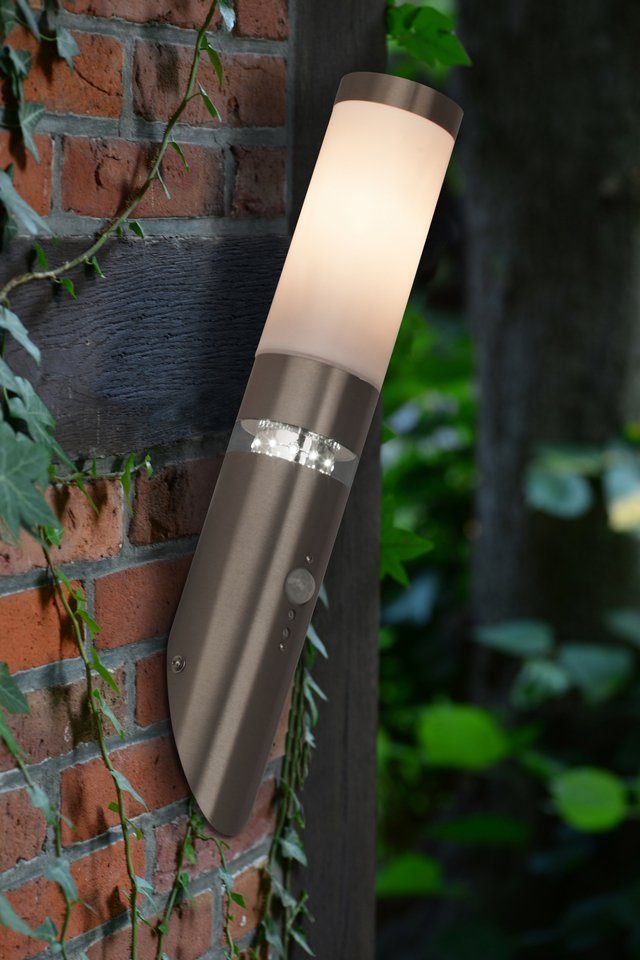 Brilliant Leuchten Ledwandlamp voor buiten BOLE 44 cm hoogte, ø 8 cm, bewegingsmelder, e27, metaal, kunststof, edelstaal