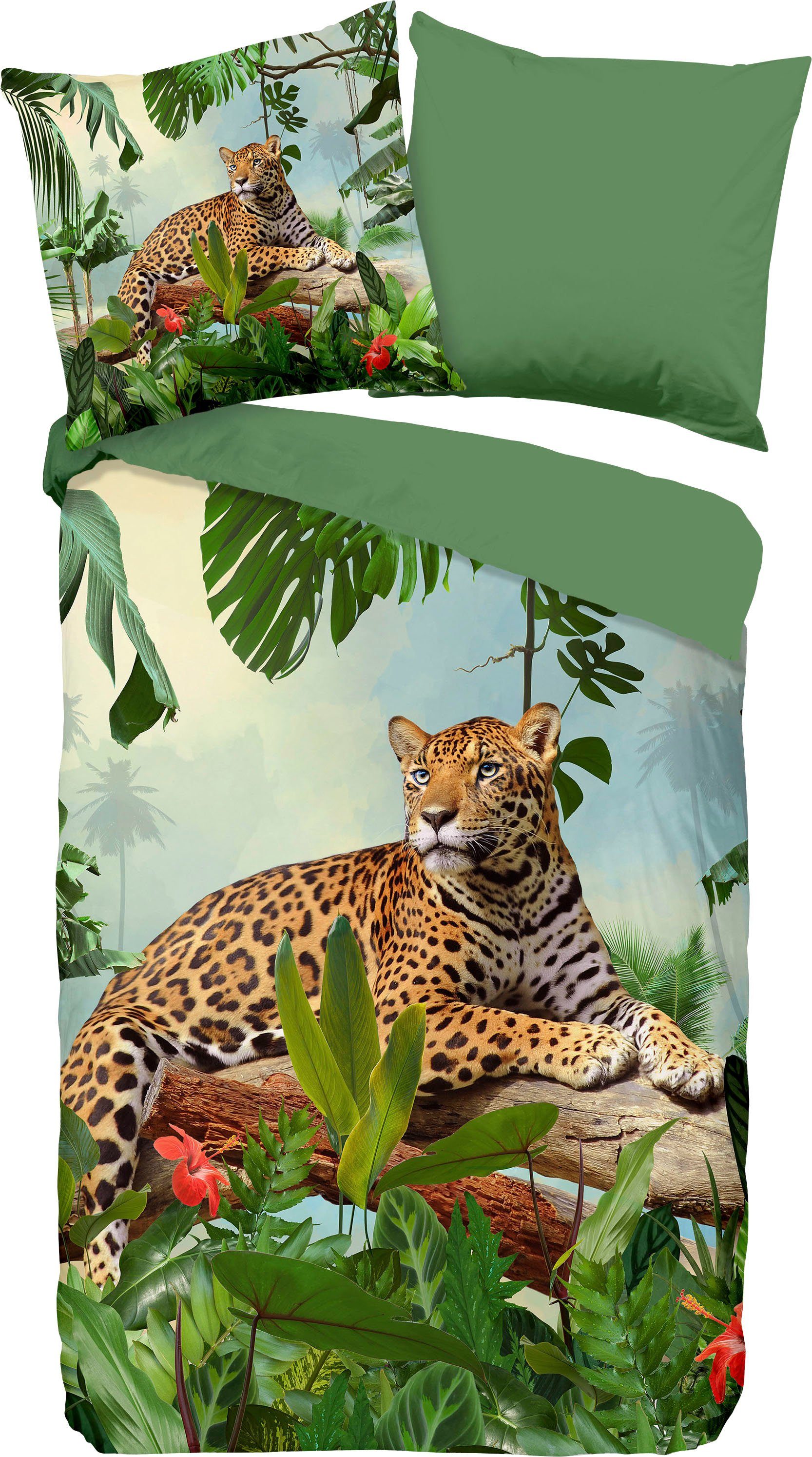 good morning Tweezijdig te gebruiken overtrekset Jungle Katoen, 135x200, 2-delig, Rits, Omkeerbaar, Groen Luipaard (2-delig)