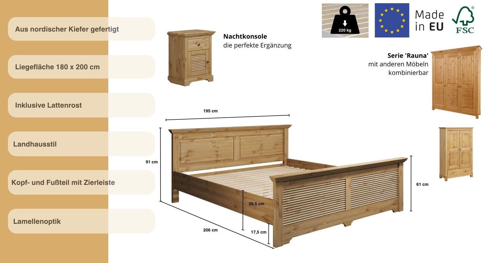 Home affaire Bed Rauna, landhuisstijl, elegant design met lamellen en kassetten, 2 kleuren
