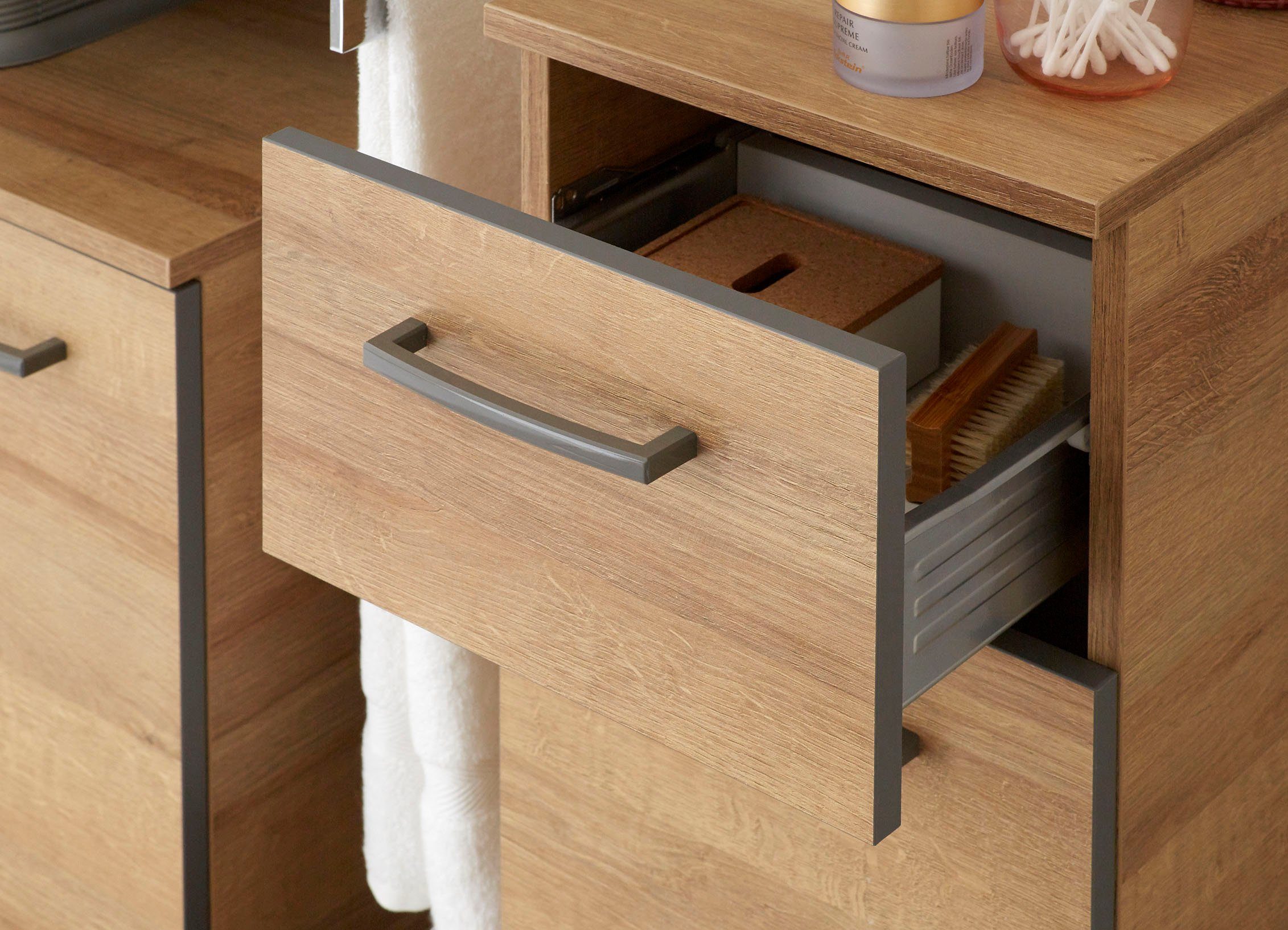 Saphir Badkamerserie Quickset 919 5-delig, wastafelonderkast met LED-spiegelkast Hoge kast, onderkast, hangend kastje, 9 deuren, inclusief deurdemper (5-delig)