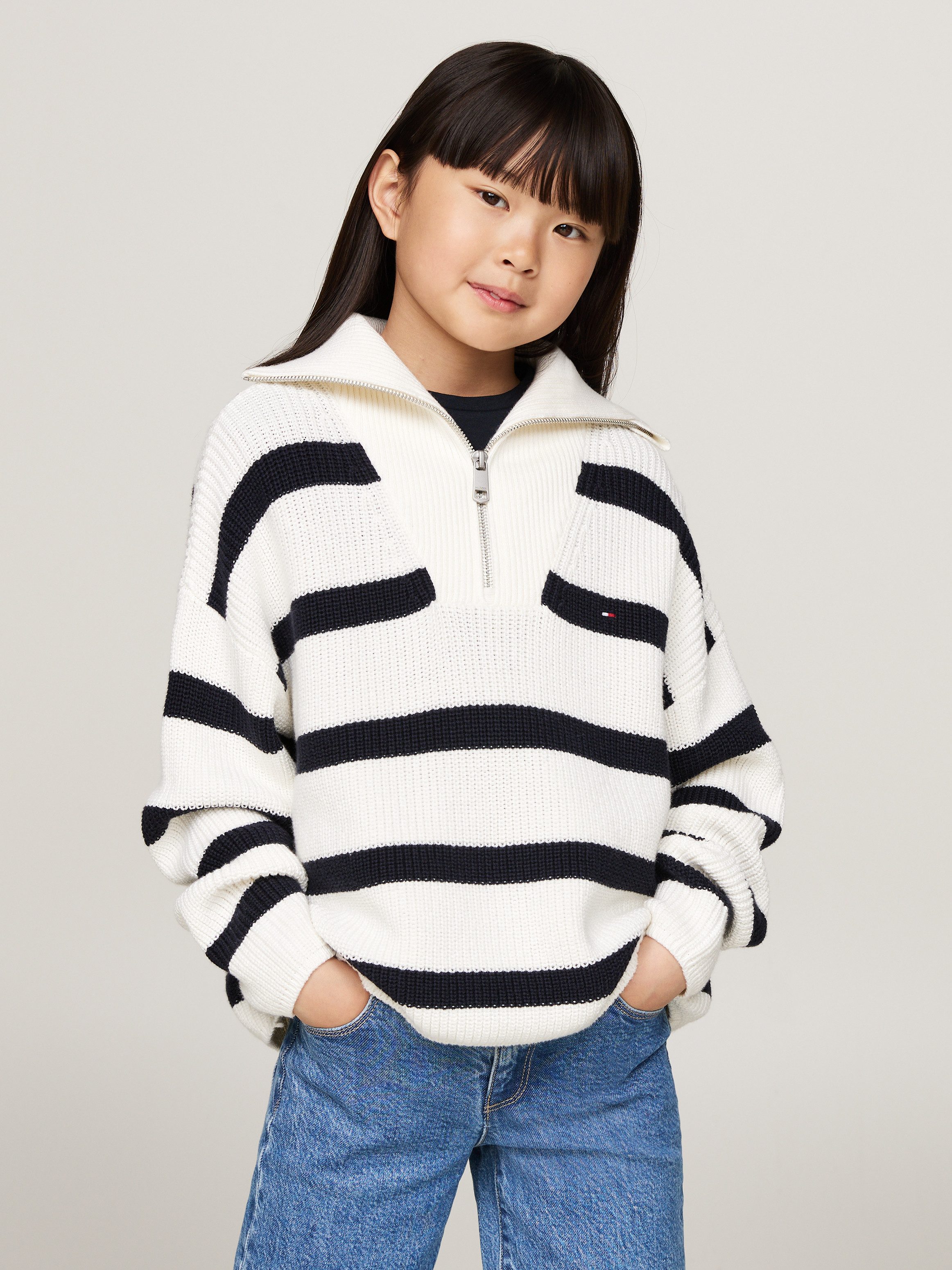 Tommy Hilfiger Schipperstrui STRIPE HALF ZIP SWEATER Kinderen tot 16 jaar met logo-opdruk