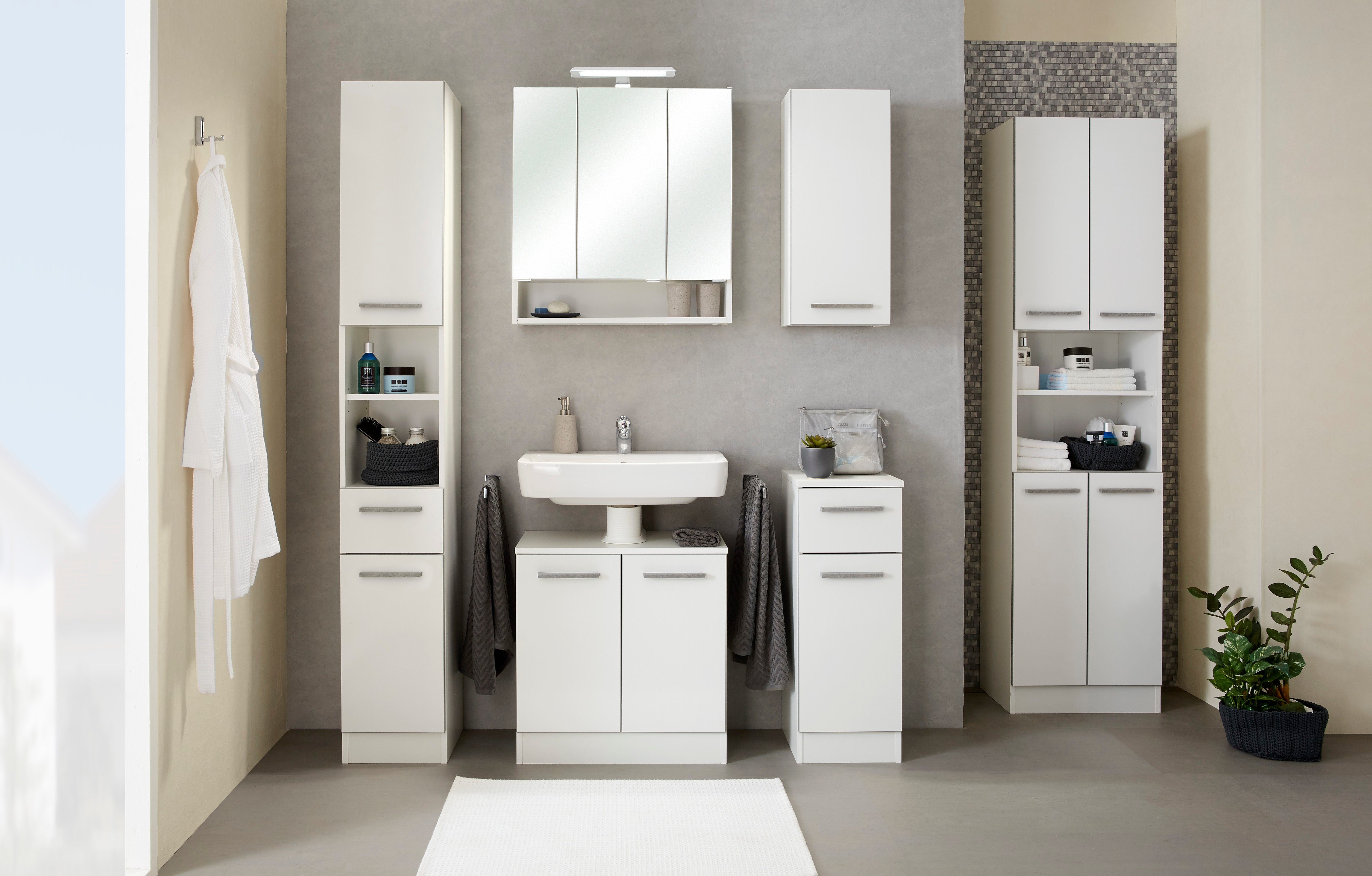 Saphir Badmeubelset Quickset 953 6-delig, wastafelonderkast en led-spiegelkast in glanzend wit, badkamermeubel inclusief deurdemper, zonder wasbak, 13 deuren (set, 6 stuks)