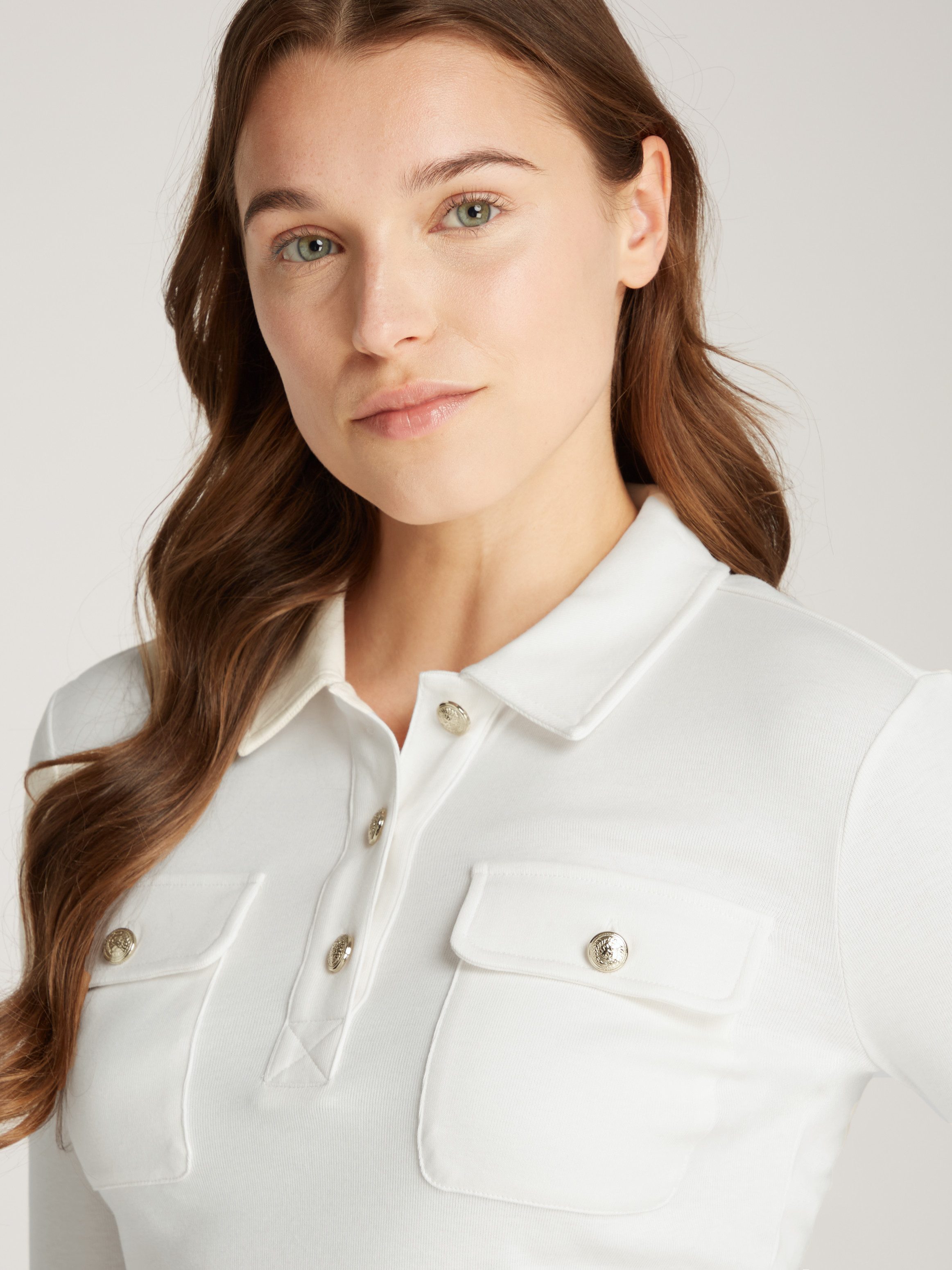 Tommy Hilfiger Poloshirt SLIM GOLD BTN POLO LS met borstzakken, goudkleurige knopen