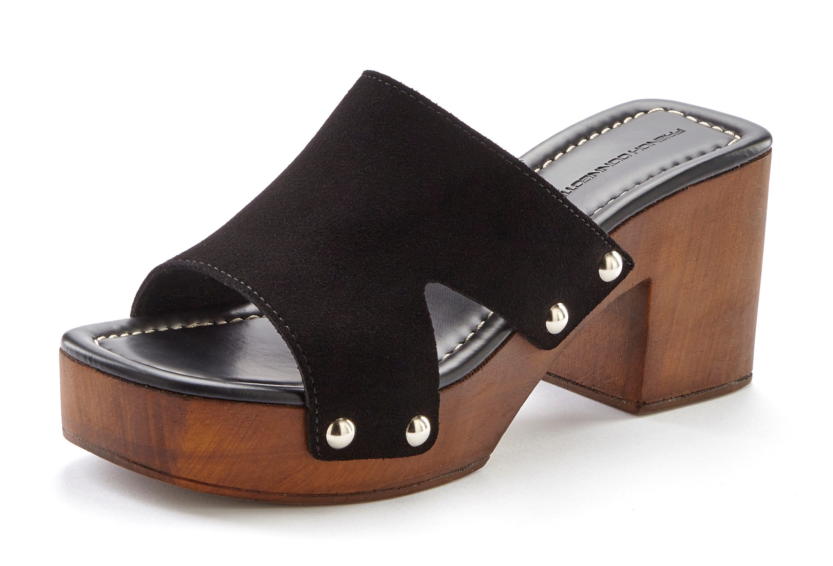 French Connection Slippers Mule, sandaal, open schoen van leer met blokhak