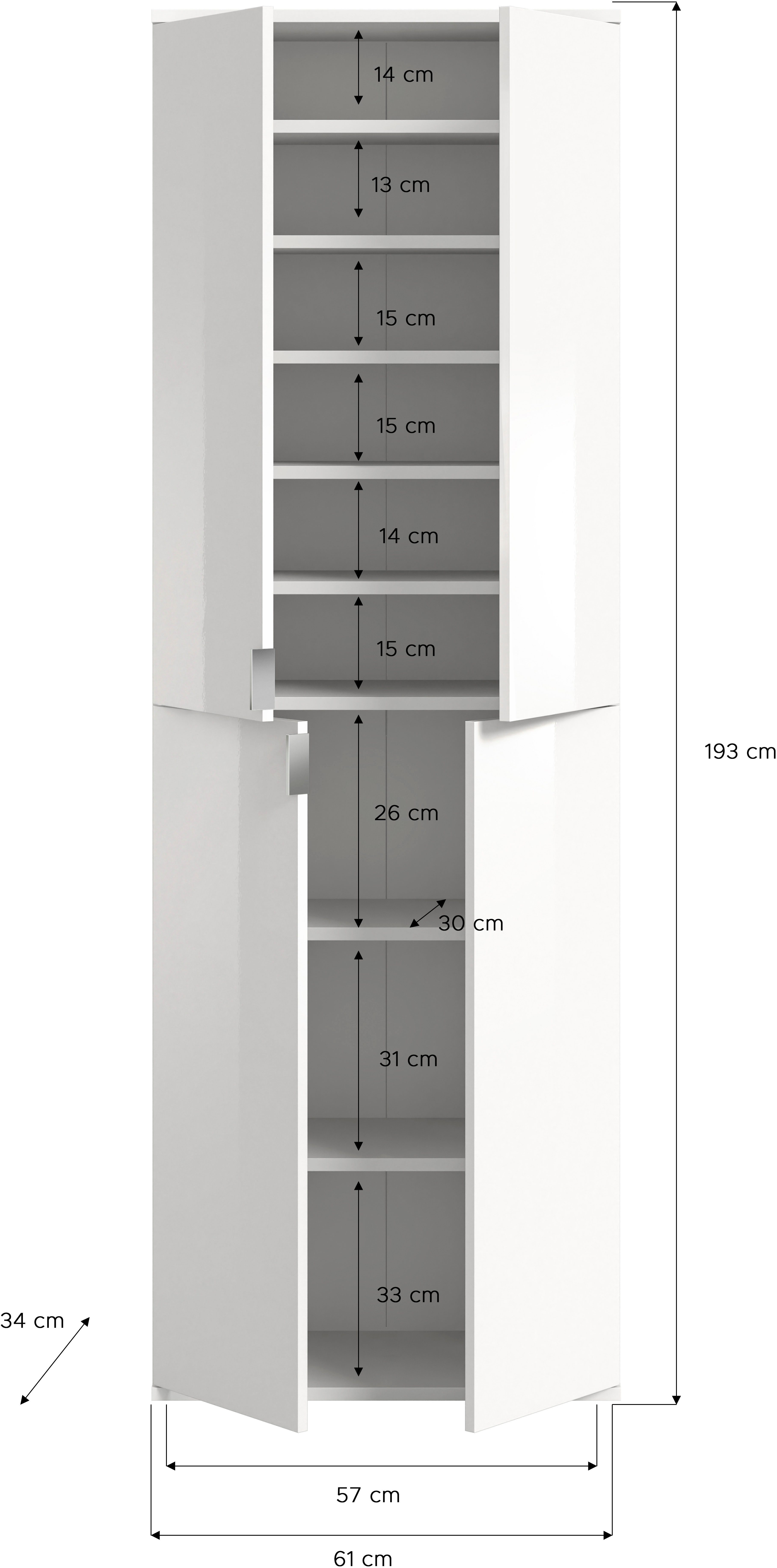 INOSIGN Multifunctionele kast Trondheim, Hoogte 193 cm, 4 Deuren, 9 Vakken, 7 Planken incl. uitschuifbare kledingstang, garderobekast, kledingkast