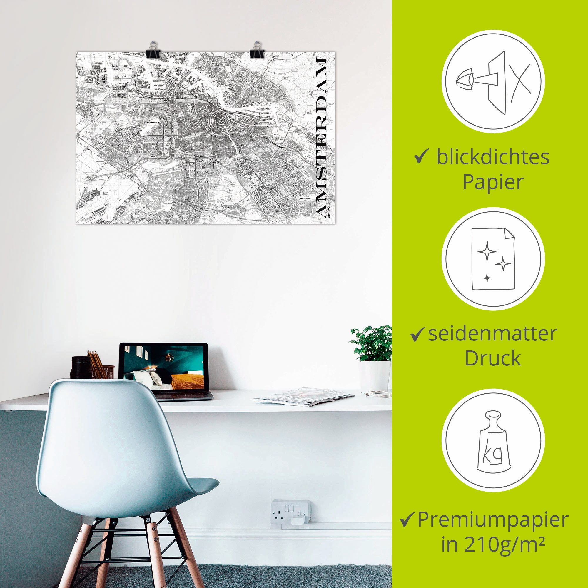 Artland Poster Amsterdam kaart straten kaart als artprint van aluminium, artprint op linnen, muursticker of poster in verschillende maten