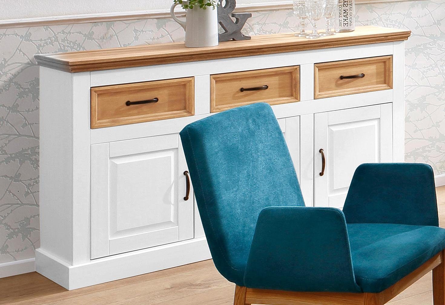 Home affaire Dressoir Selma Commode van massief grenenhout, breedte 145 cm dressoirs maat 145x38x87 cm wit