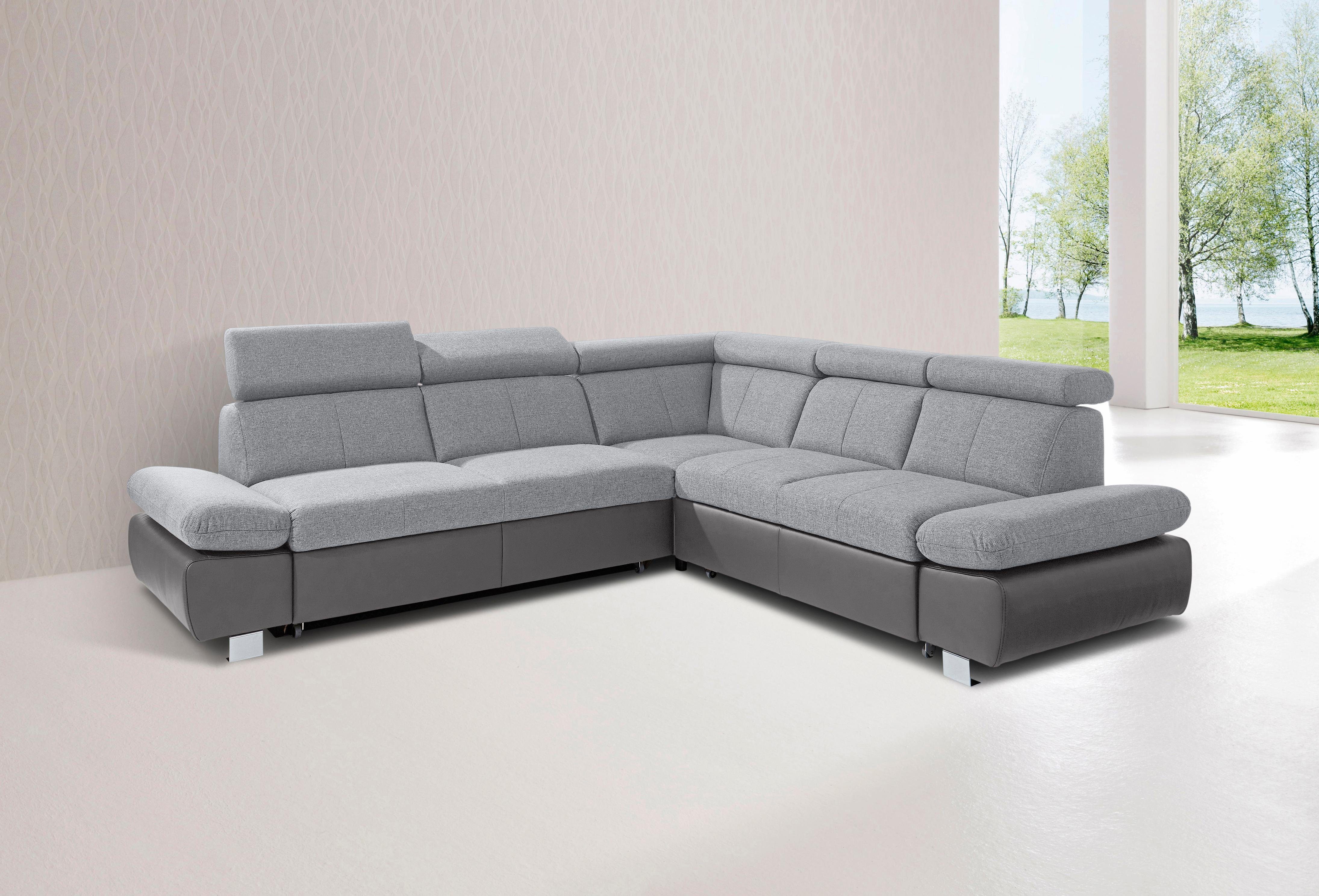 exxpo - sofa fashion hoekbank happy, l-vorm inclusief verstelbare hoofdsteun en verstelbare armleuning, naar keuze met slaapfunctie zilver