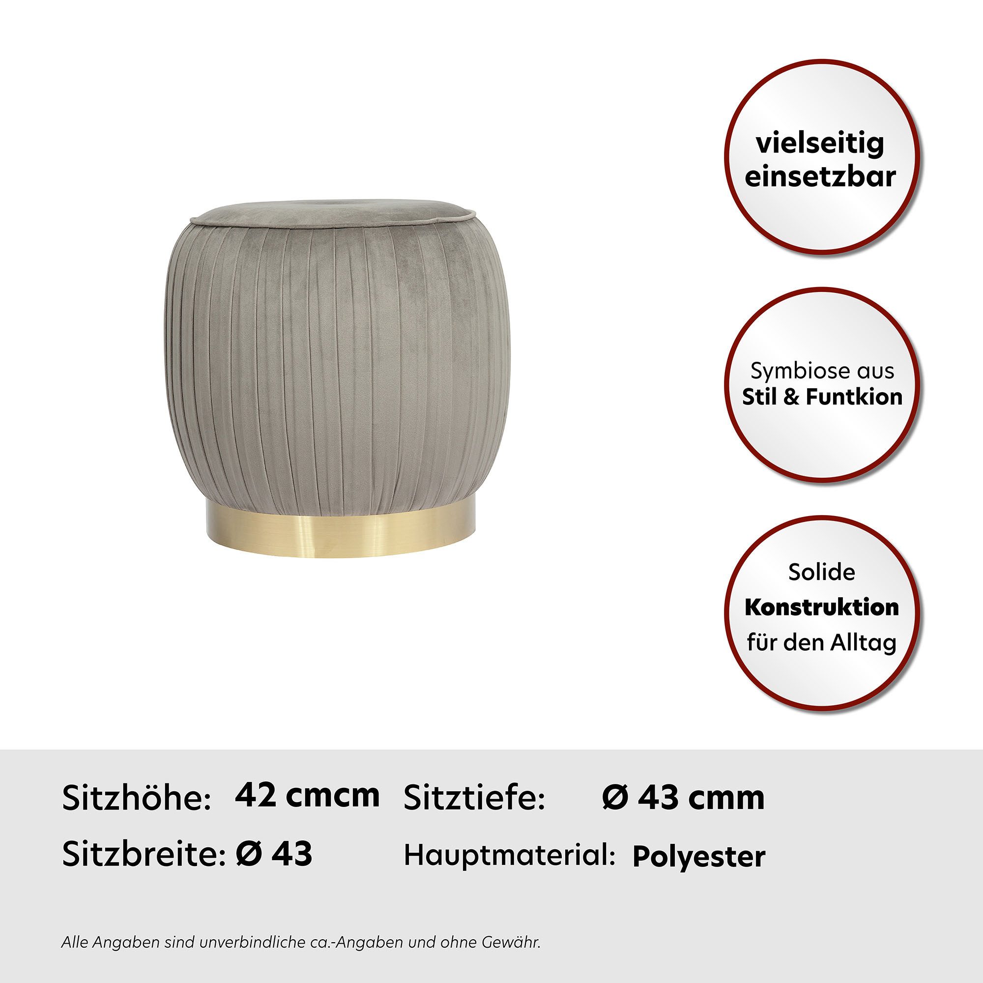 Kayoom Hocker Kruk Lyla 125, elegante uitstraling door goudkleurige sokkel, fluwelen bekleding fluweelzacht, gestikte siernaad, roestvrijstalen voet, hoogwaardige fluwelen bekleding (1 stuk)