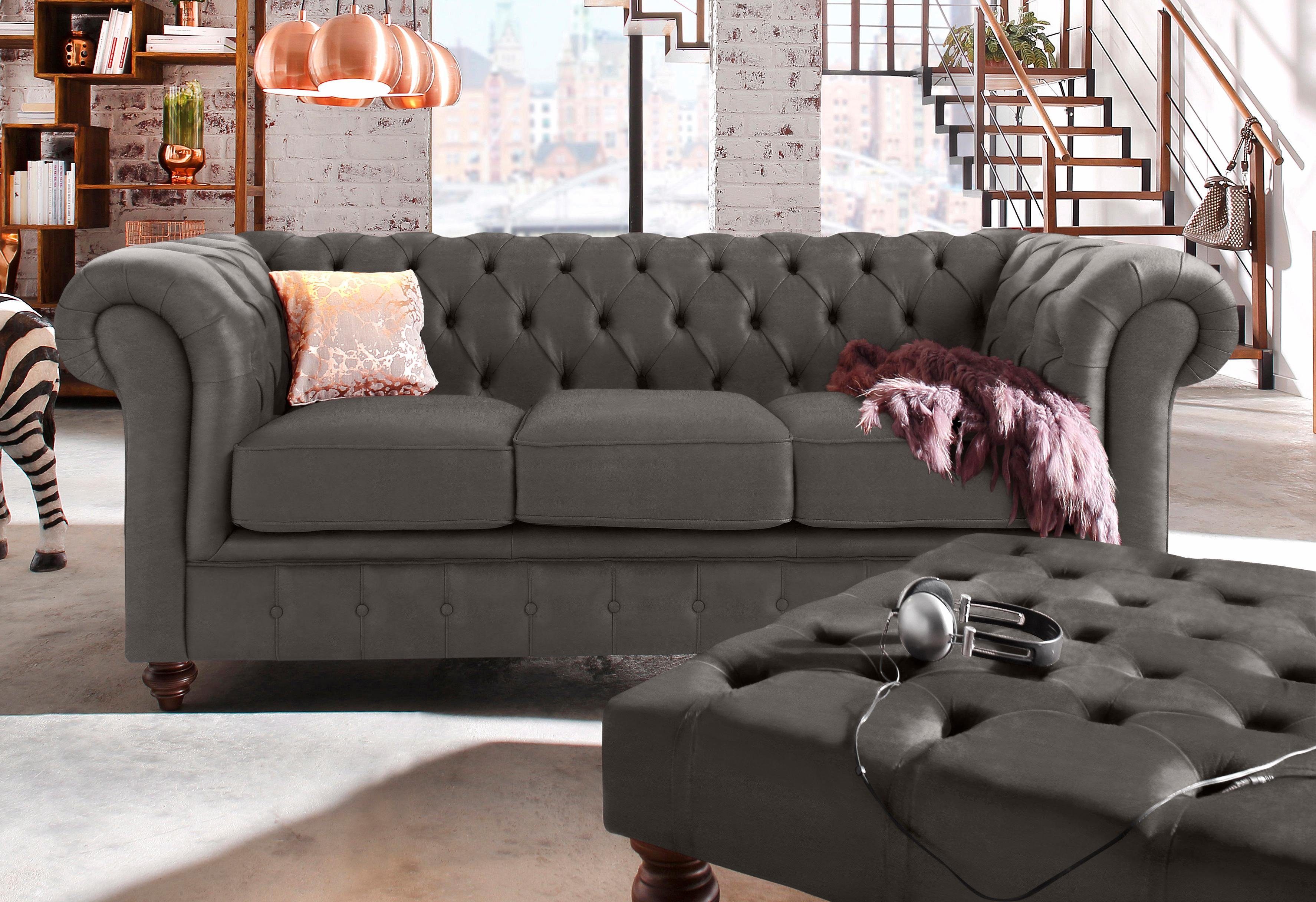 Home affaire Chesterfield-bank Chesterfield 3-zits B/D/H: 198/89/74 cm met hoogwaardige knoopdetails, ook in leer