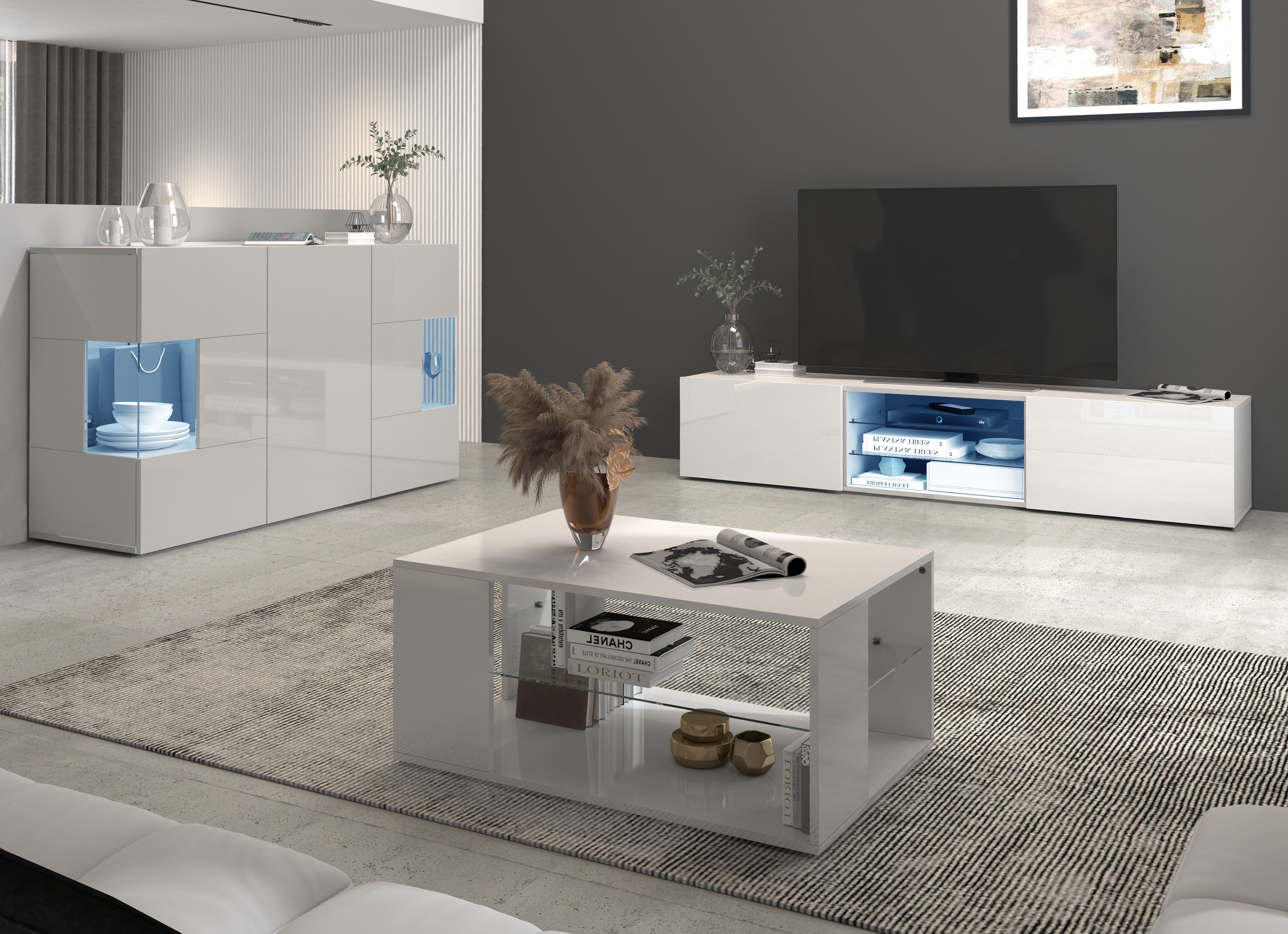 INOSIGN Tv-meubel Egypt, Lowboard, TV-ladekast, TV-meubel, TV-bank met 2 kleppen, 2 glazen planken, volledig hoogglans gelakt (b/d/h) 180x38x35 cm