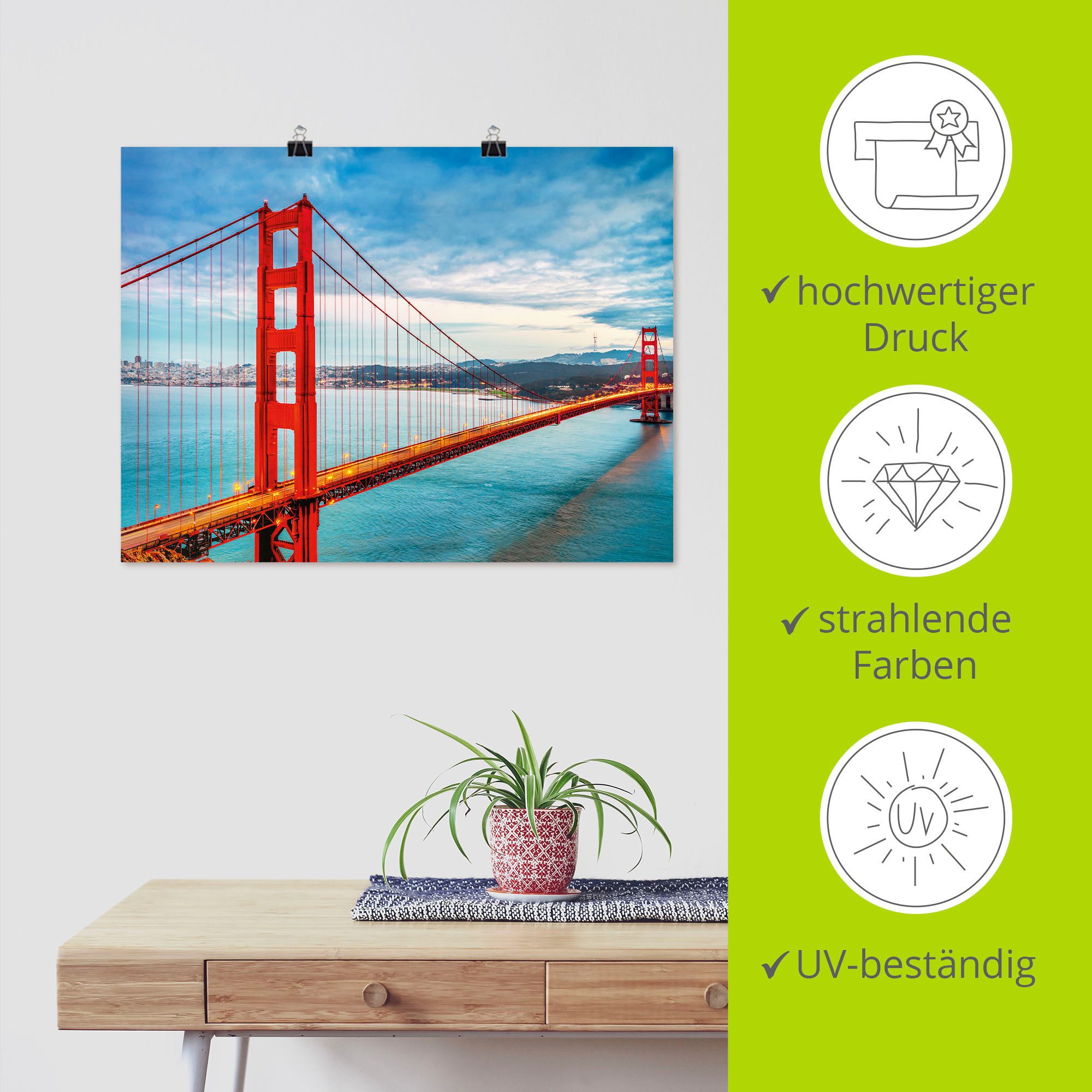 Artland Artprint Golden Gate Bridge als artprint van aluminium, artprint voor buiten, artprint op linnen, poster, muursticker