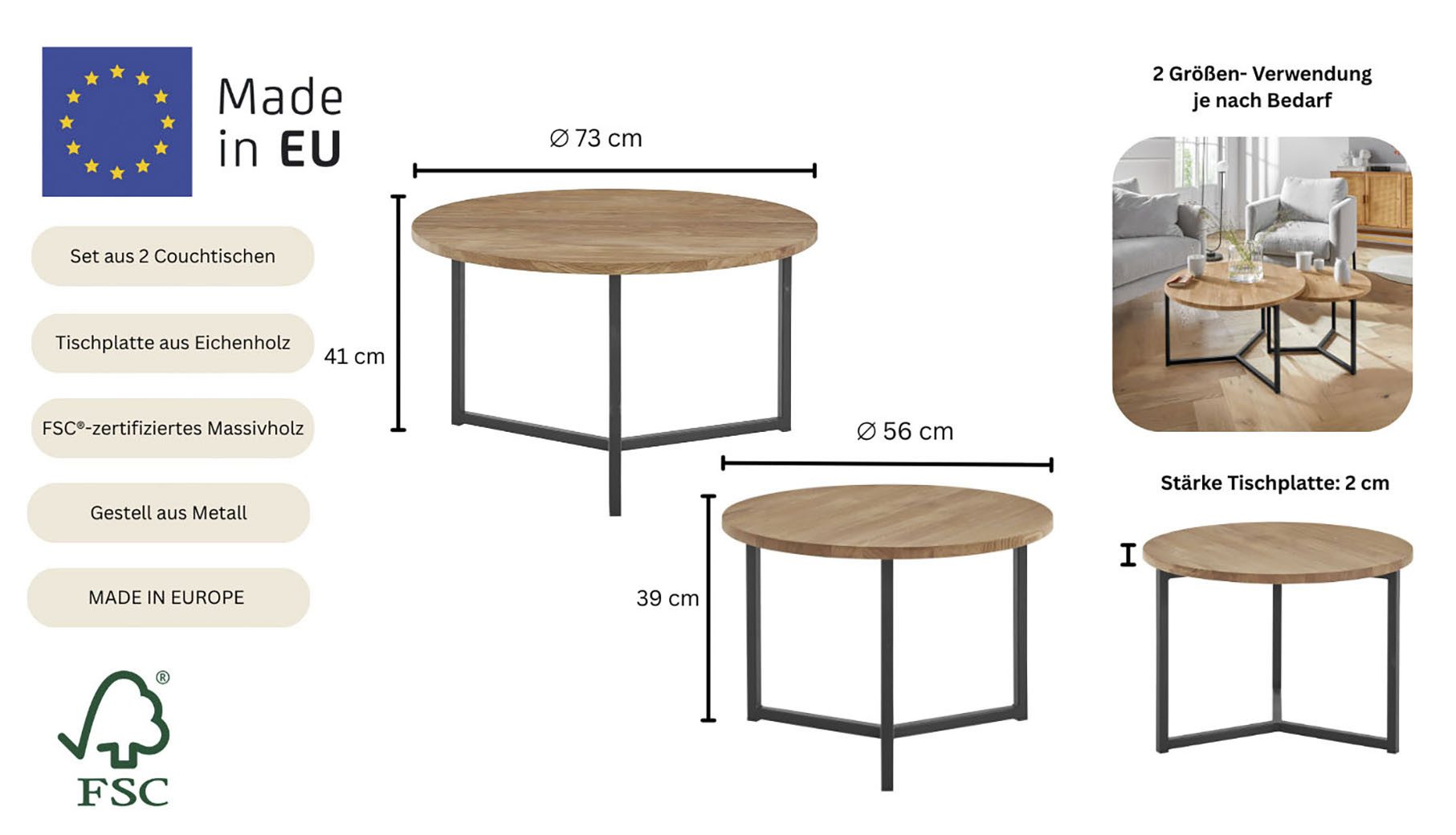 andas Salontafel Likta van eikenhout, fsc® gecertificeerd, 2-delige set, stabiel metalen frame