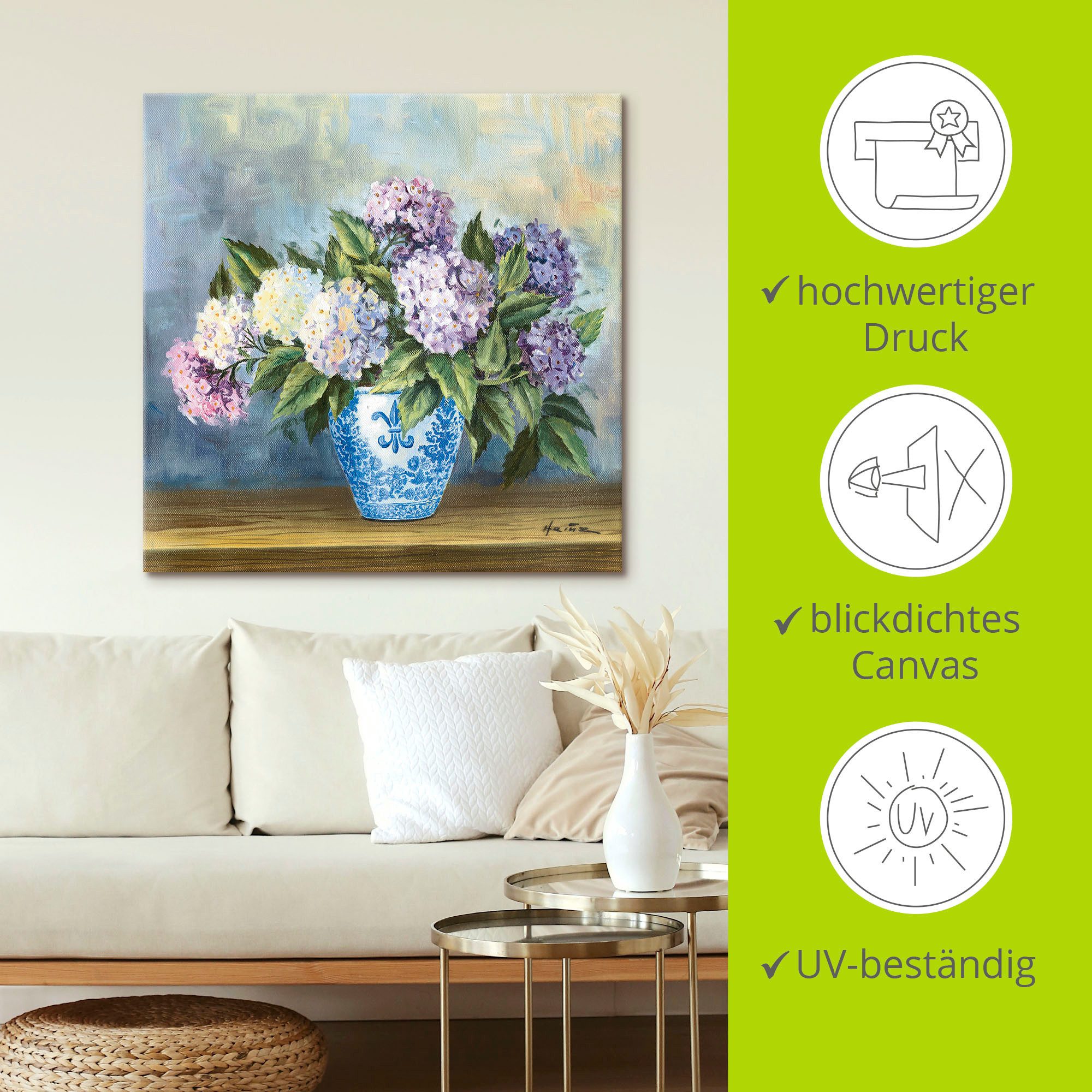 Artland Artprint Hortensia's als artprint van aluminium, artprint voor buiten, artprint op linnen in verschillende maten