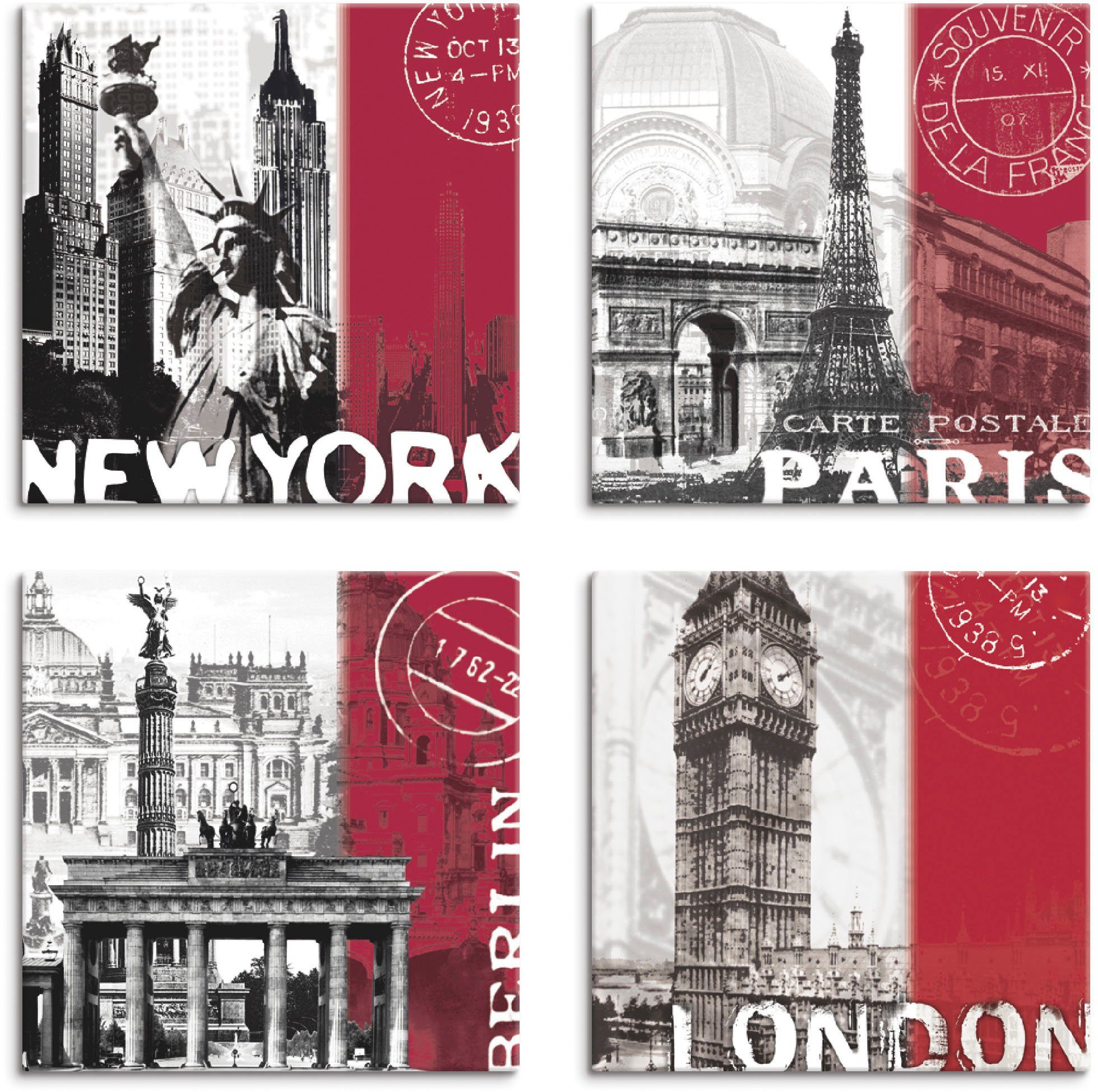 Artland artprint op linnen New York Paris Berlin London_bordeauxrot