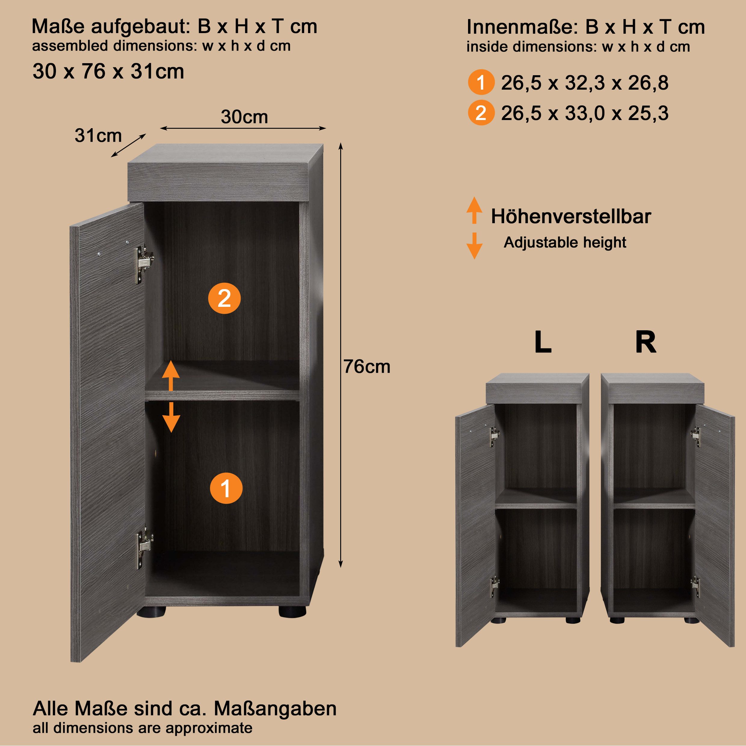 welltime Bergkast Royan Badkommode met 2 vakken in rookzilverkleur - Afmetingen (B/D/H) 30/30/76 cm