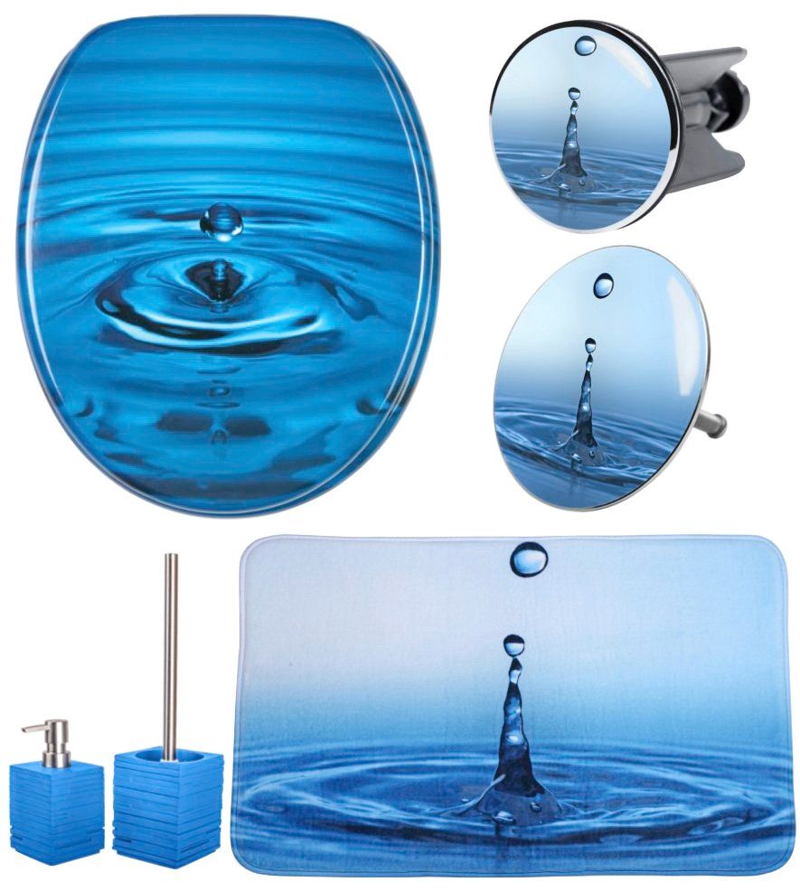 Sanilo Sets badkameraccessoires Waterdruppels bestaand uit toiletzitting, badmat, wasbak- en afvoerstop voor de badkuip, zeepdispenser en toiletborstel (complete set, 6-delig)
