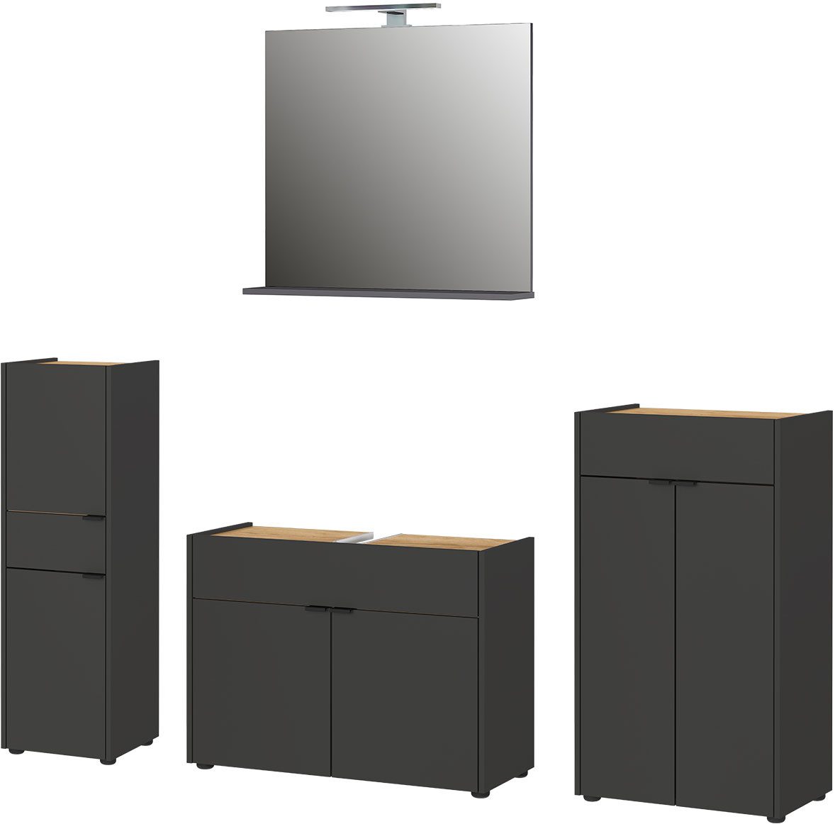 GERMANIA Badmeubelset Ameca Badset bestaande uit wastafelonderkast, spiegel, commode & kast (4 stuks) badmeubelsets grijs