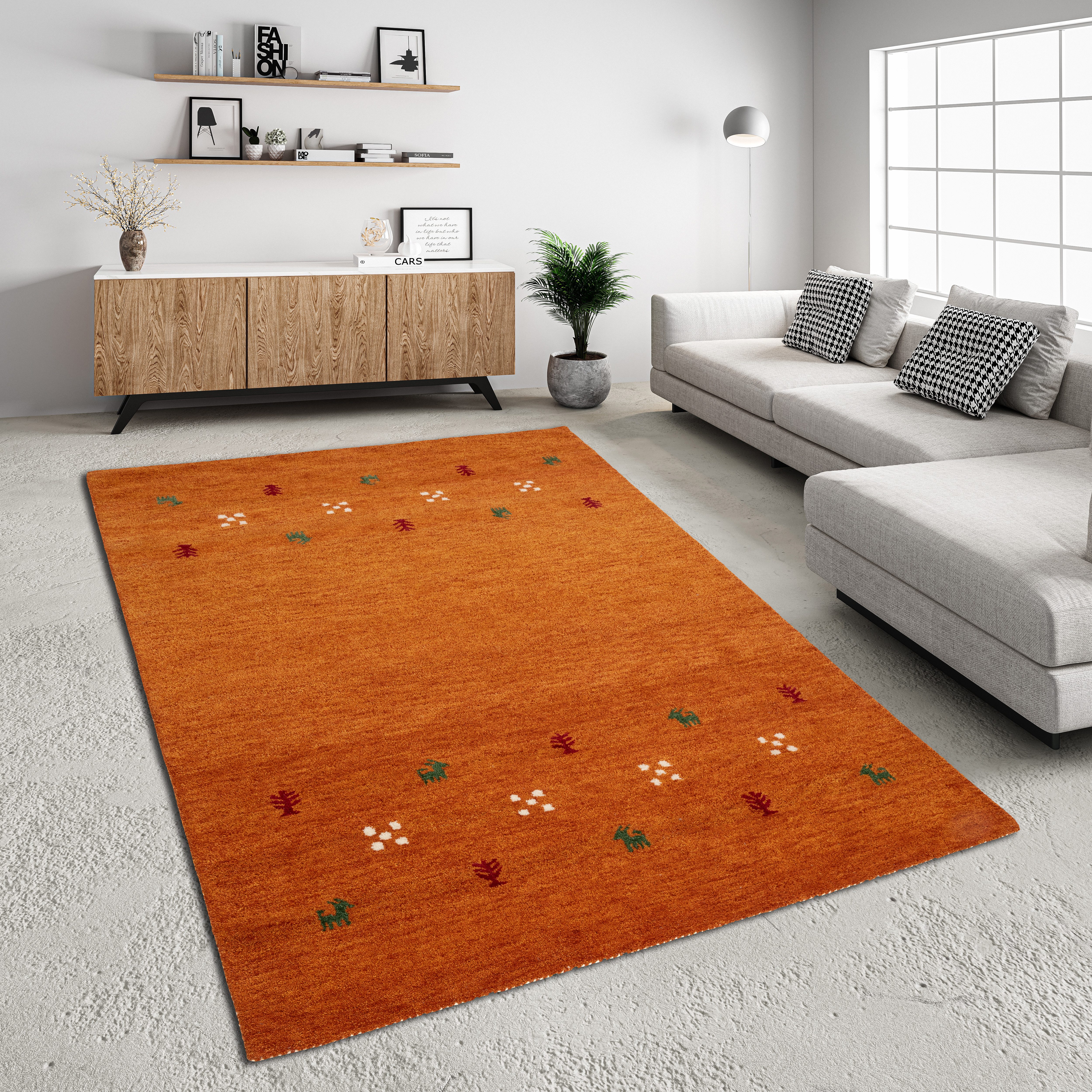 THEKO Wollen kleed Gabbeh motief, handgeweven tapijt, dierenmotief, 100% wol, handgeweven wollen vloerkleden maat 240 cm x 340 cm x 14 mm oranje