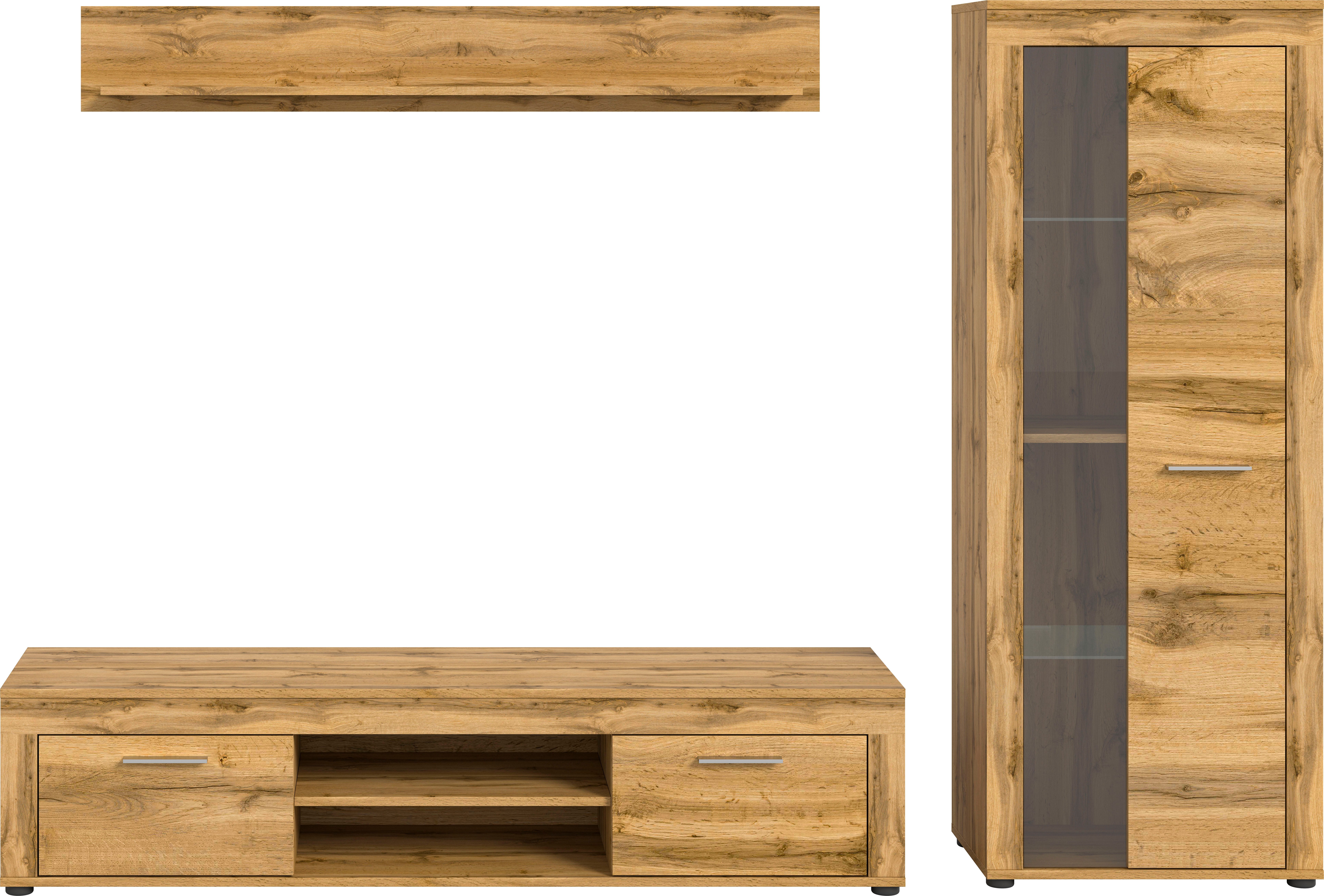 INOSIGN Wandmeubel Aosta, Breedte 235cm, bestaand uit Lowboard, Wandplank, Vitrine Woonwand, combinatie, opbouwwand, meubelset, kastwand, meubelcombi (3-delig)