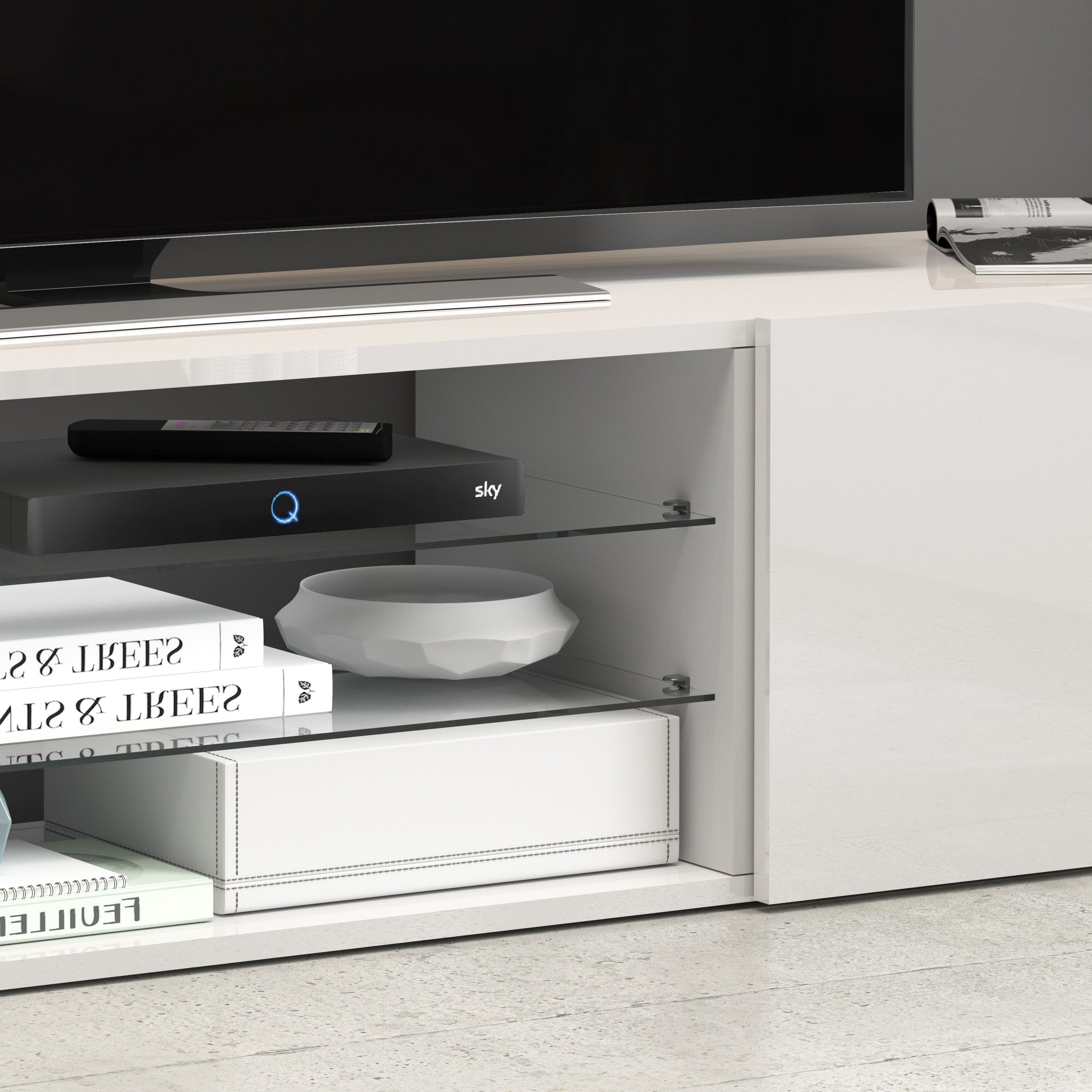 INOSIGN Tv-meubel Egypt, Lowboard, TV-ladekast, TV-meubel, TV-bank met 2 kleppen, 2 glazen planken, volledig hoogglans gelakt (b/d/h) 180x38x35 cm