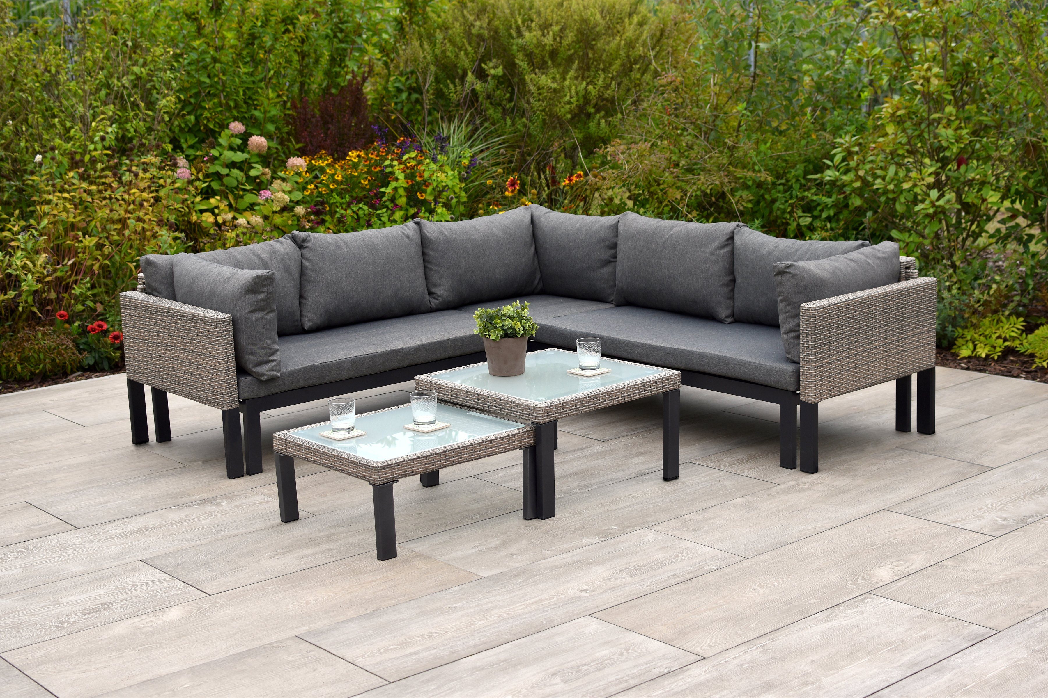 MERXX Tuin-eethoek Amantea Hoekbank, incl. zit- en rugkussens, 2 tafels (set, 16-delig)