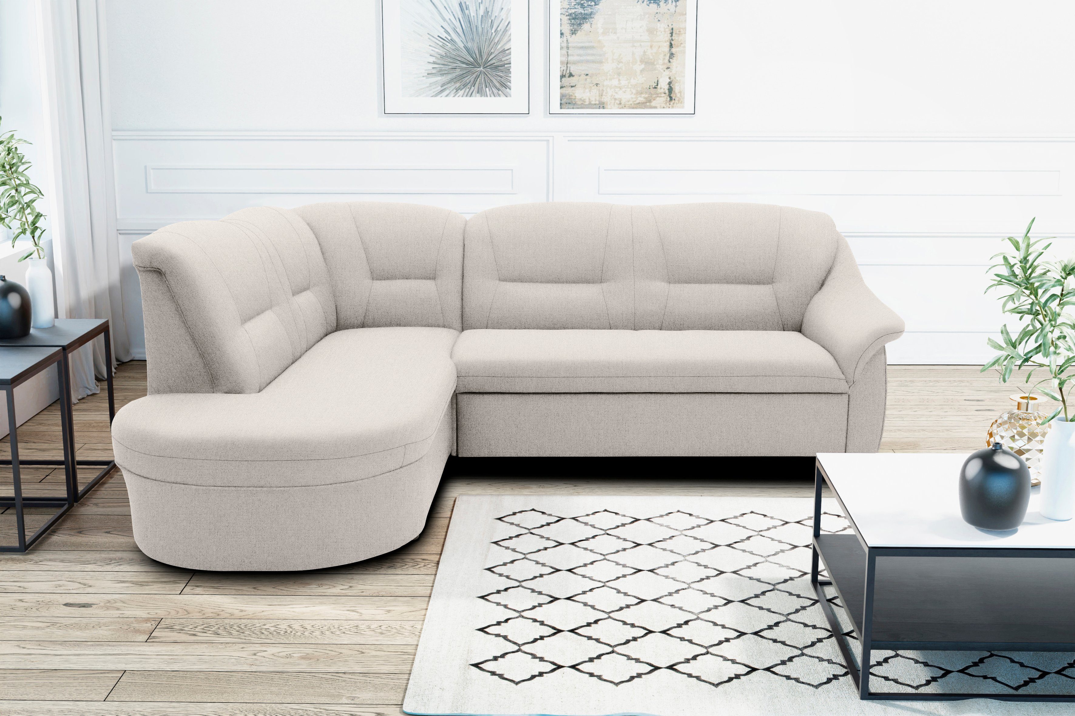DOMO collection Hoekbank Faenza voor kleine ruimtes, afmetingen 232,176cm, comfortabel, L-vorm met ottomane, tijdloos, elegante armleuningen, optioneel met bedfunctie