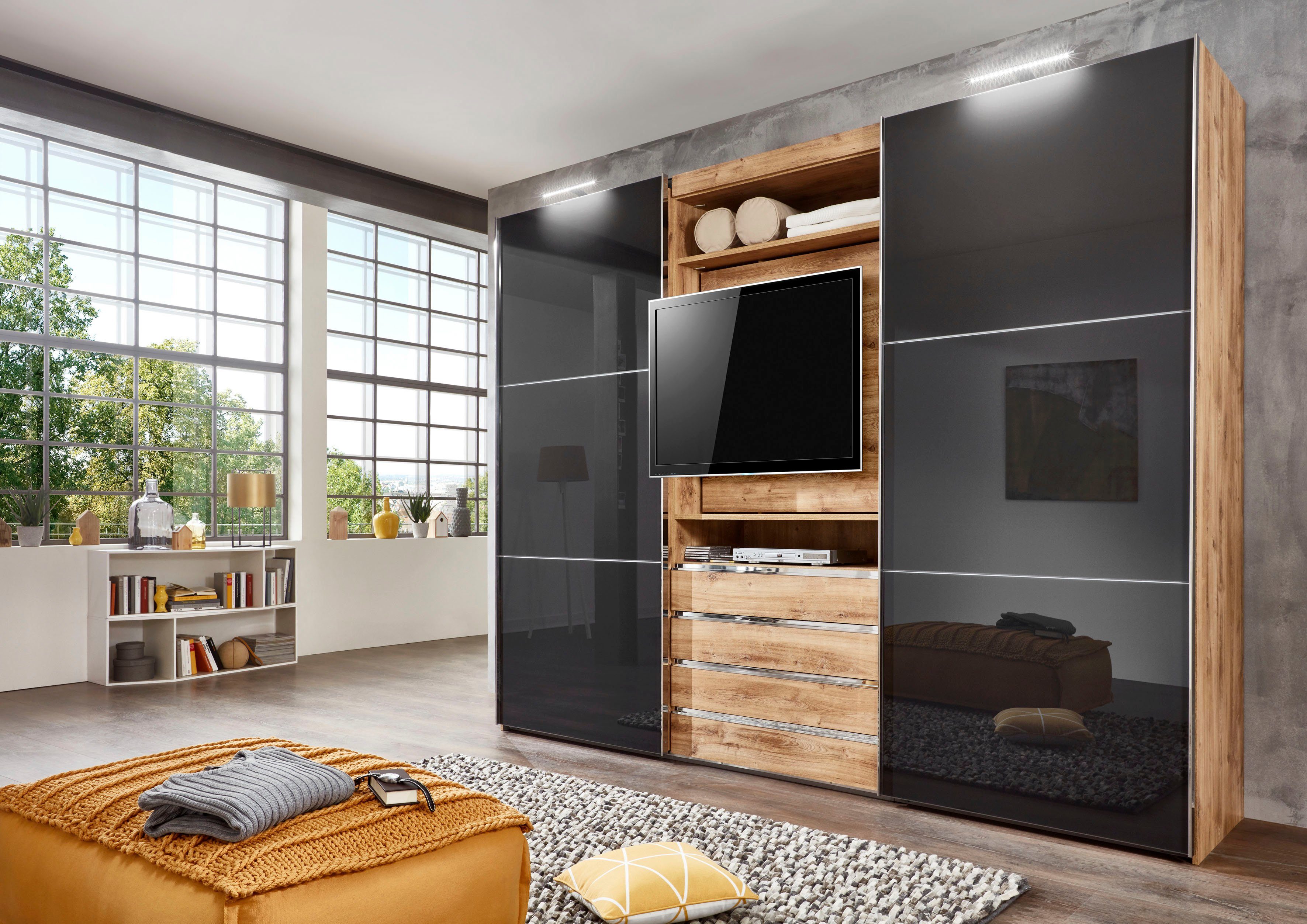 Wimex Zweefdeurkast Magic by fresh to go mooie extra: met draaibaar tv-element, fronten van glas