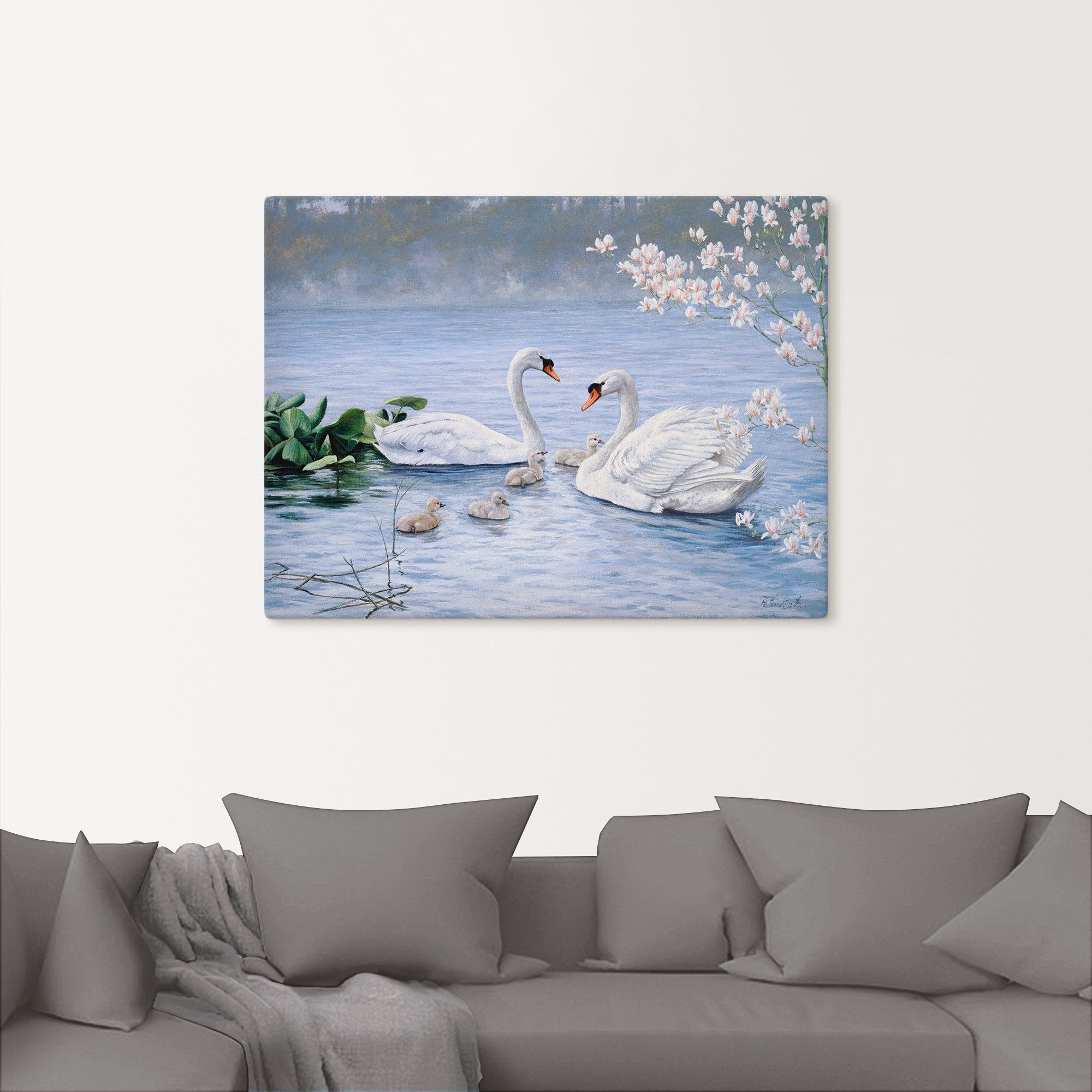 Artland Artprint op linnen Trotse zwanenfamilie gespannen op een spieraam