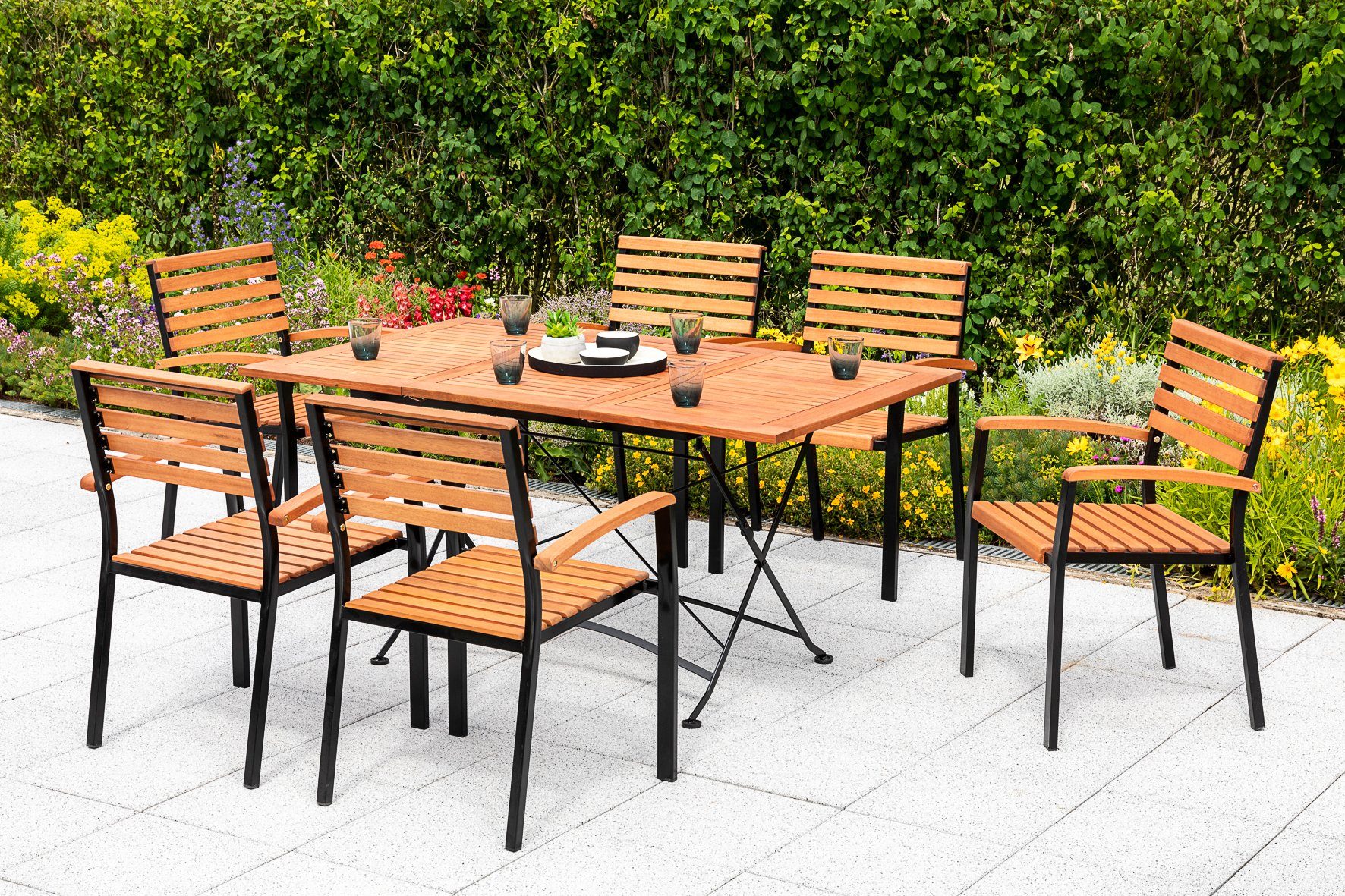 MERXX Tuin-eethoek Kasteeltuin 6 stapelstoelen, inklapbare uittrektafel (7-delig)