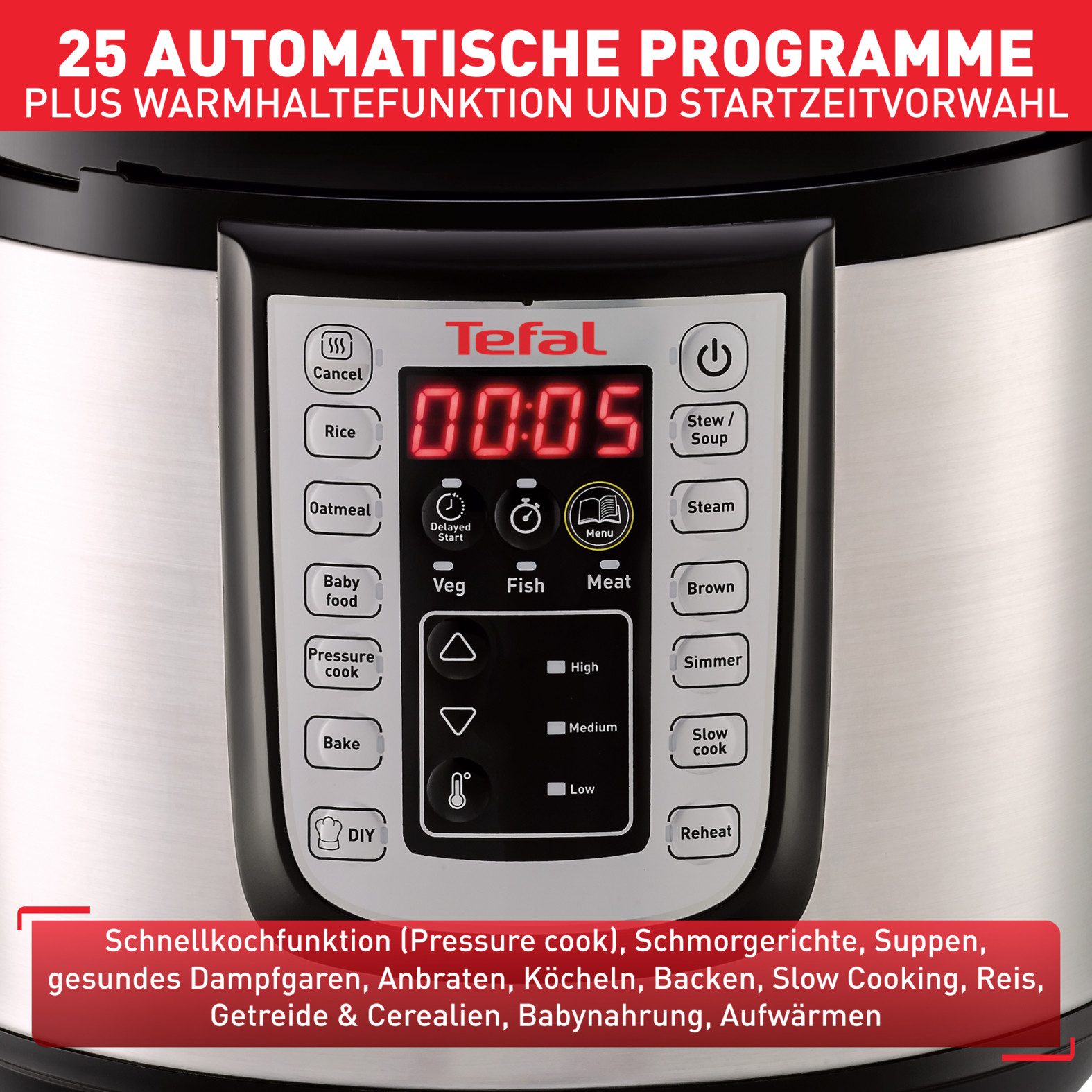 Tefal Multi-cooker CY505E Fast & Delicious elektrische snelkookpan, 25 programma’s, 6l capaciteit, inclusief receptenboek